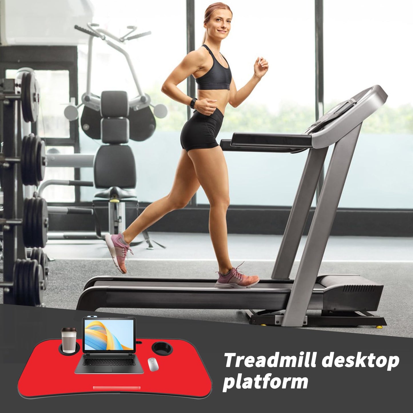 Universal Treadmill Desk Attachment 35Inches Workstation Laptop Holder Ergonomic Platform Tray with Cup Tablet Holder Cooling Holes Provide Good Ventilation, Laptop Stand for Treadmill