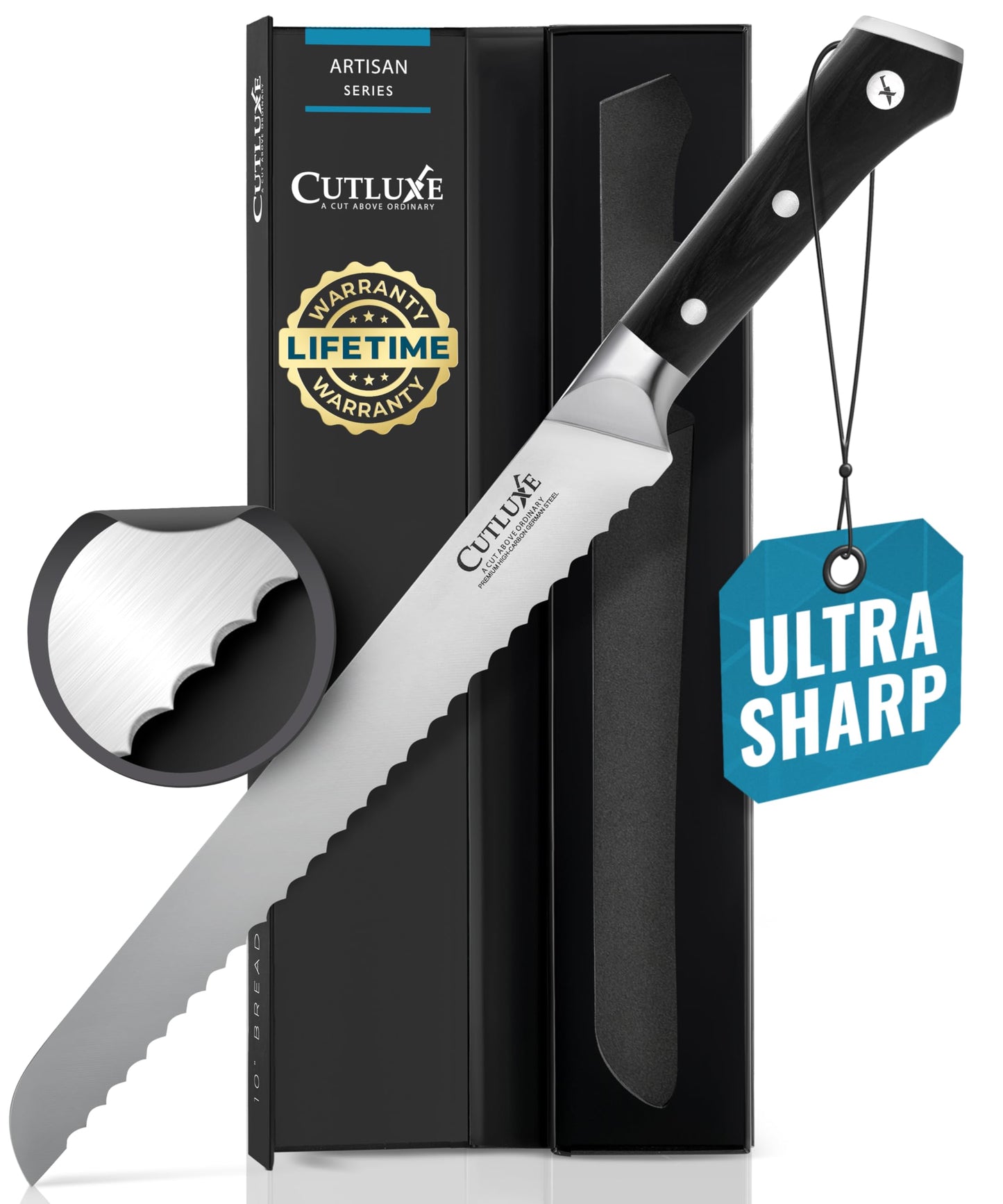 Cutluxe Bread Knife, 10" Serrated Knife, Perfect for Homemade, Sourdough Bread – High Carbon German Steel, Full Tang, Ergonomic Handle Design – Artisan Series