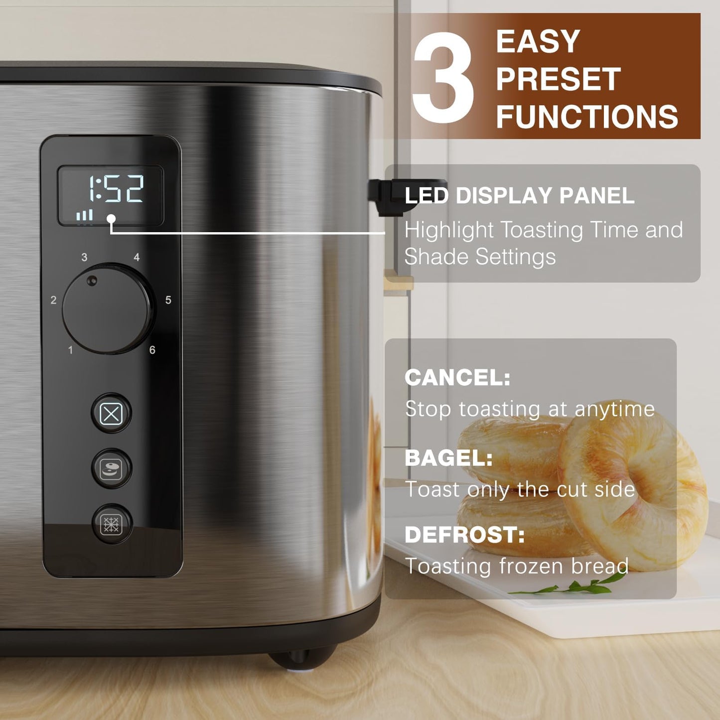 Anfilank Long Slot 4 Slice Toaster, Countdown Timer, 6 Browning Settings, Cancel/Bagel/Defrost Functions, Built-in Warming Rack, Removable Crumb Tray, Extra-Wide Long Slots - Stainless Steel
