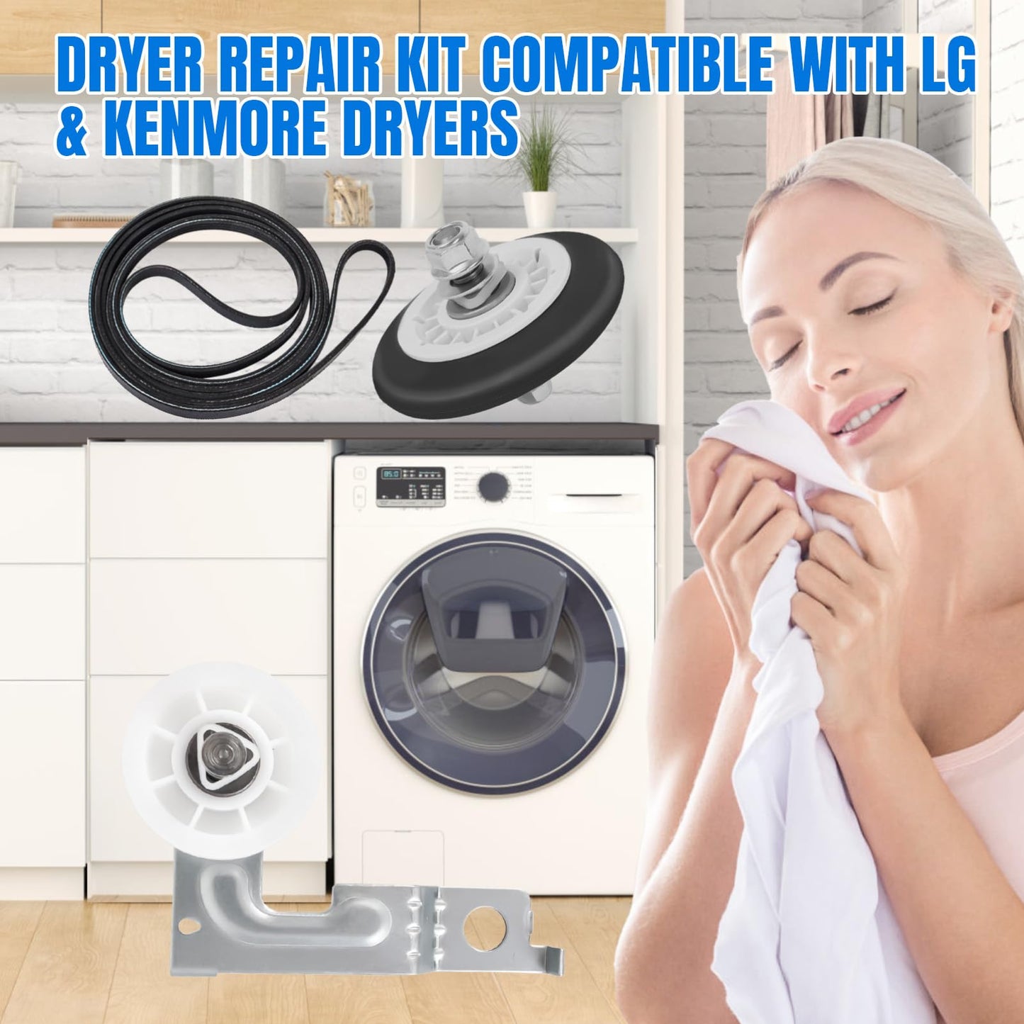 Upgraded Dryer Repair Kit Fits to LG Kenmore Dryers includes 4581EL2002C Dryer Drum Roller 4561EL3002A Dryer Idler Pulley with Spring, 4400EL2001A Dryer Belt
