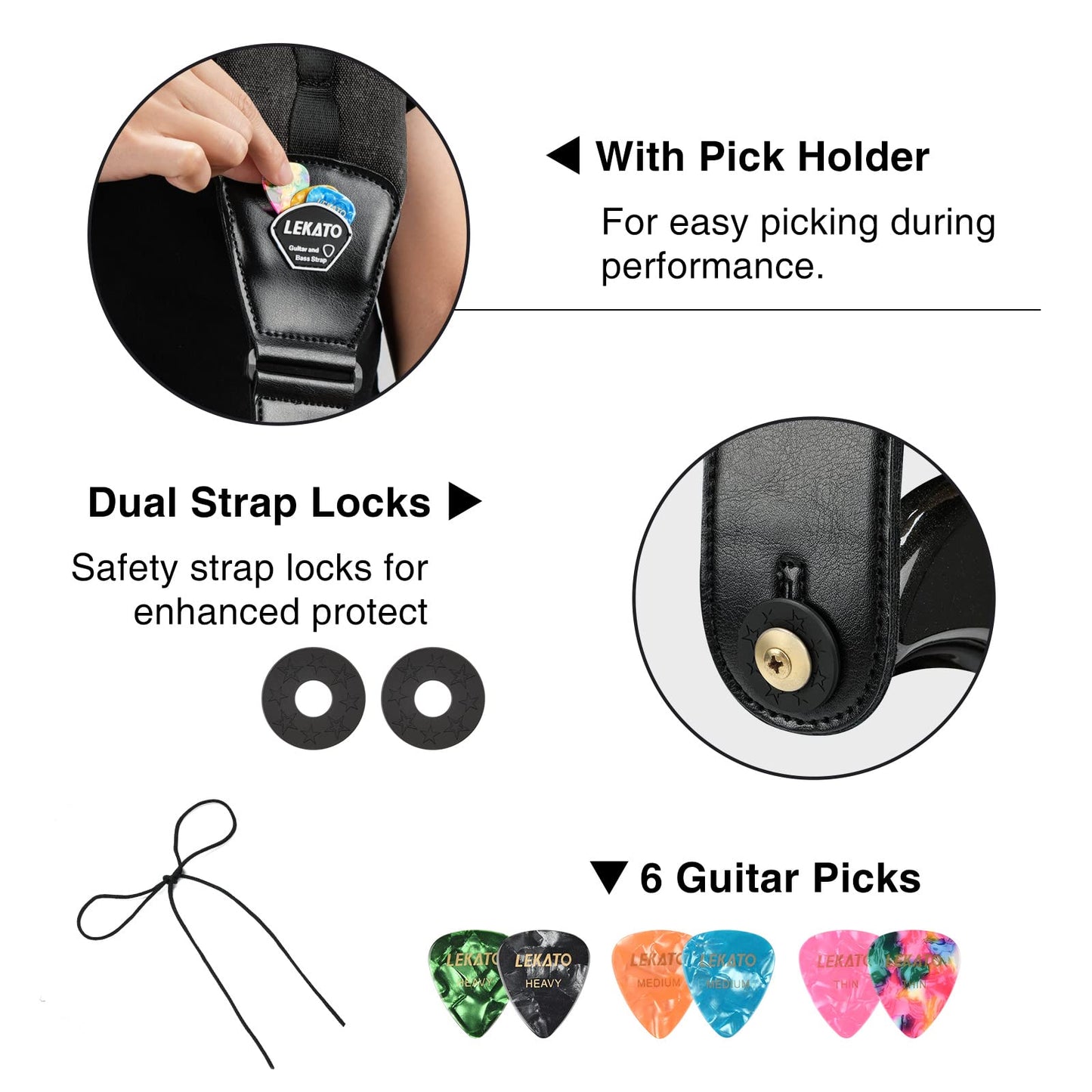 LEKATO Bass Guitar Straps for Heavy Bass & Guitars with 3.5” Wide Guitar Strap Padded Thickened Foam Bass Straps Adjustable Length from 45" to 55" Bass Guitar Strap with 2 Strap Locks & 6 Picks-Black