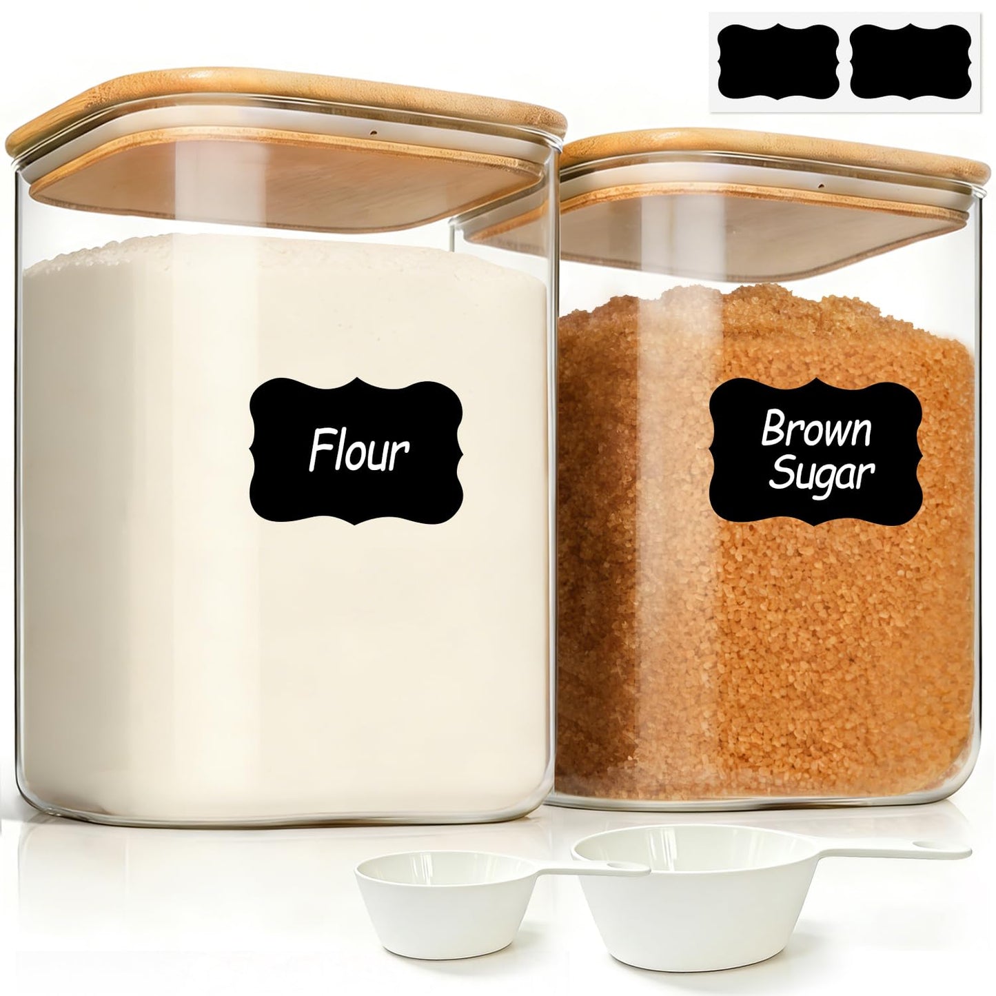 ComSaf 4 Qt Glass Food Storage Containers Set of 2, Large Storage Containers with Lids, Square Glass Jars with Lids, for Flour and Sugar, Cereal, Rice, Pasta, Oats, Coffee Beans