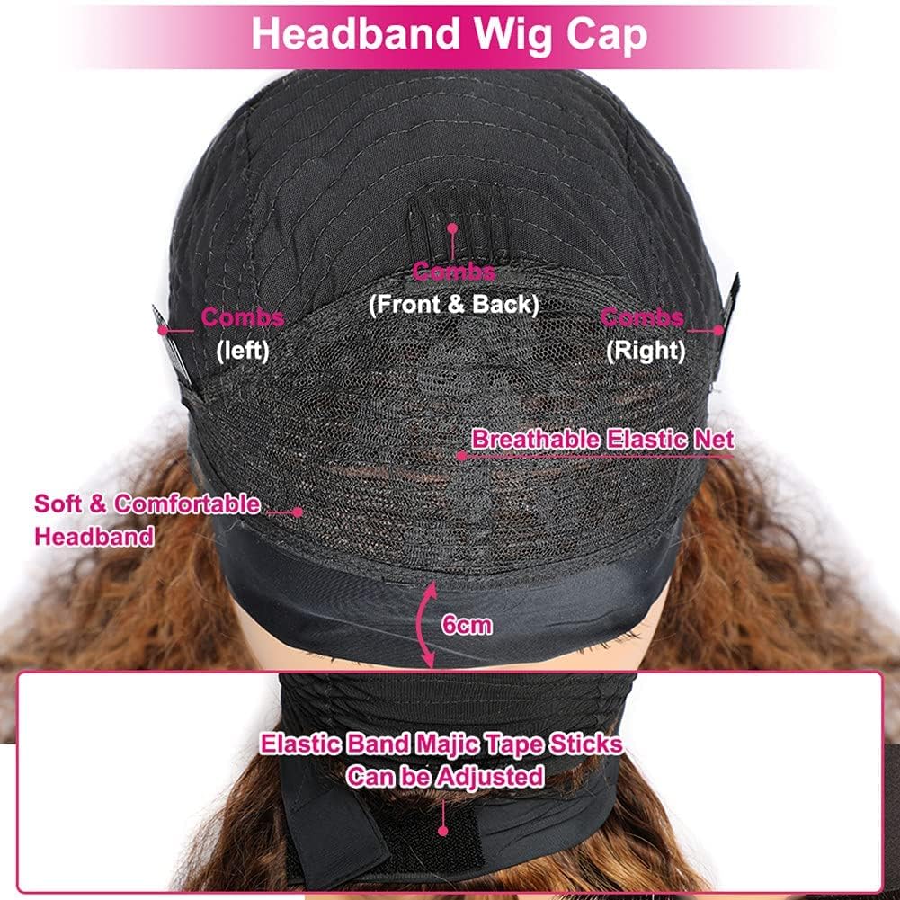 XSY Headband Wig Human Hair Ombre Highlight Curly Human Hair Wigs 16 Inch Headband Wigs for Black Women None Lace Front Wigs 150% Density 4/27 Highglight Wig