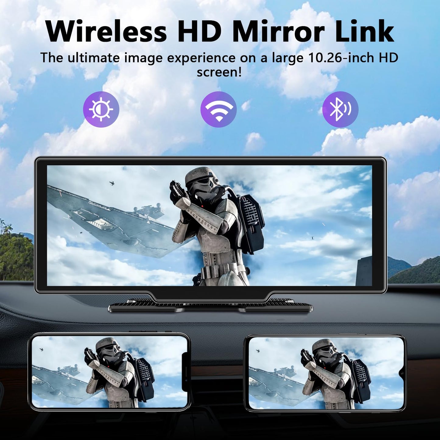 10.26 Inch Wireless Apple Carplay Screen for Car, Apple Car Play and Android Auto Screen with 4K Dash Cam Front and Rear Camera HD 1080P/FM/AUX/64G TF/Mirror Link/Voice Control/GPS Navigation