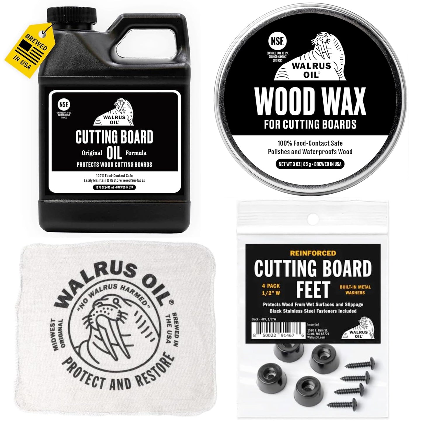 WALRUS OIL - Cutting Board Conditioner, Wood Wax, Cutting Board Feet, and Rag Set. for Cutting Boards, Butcher Blocks, Wooden Spoons, and Bowls. 100% Food-Contact Safe.