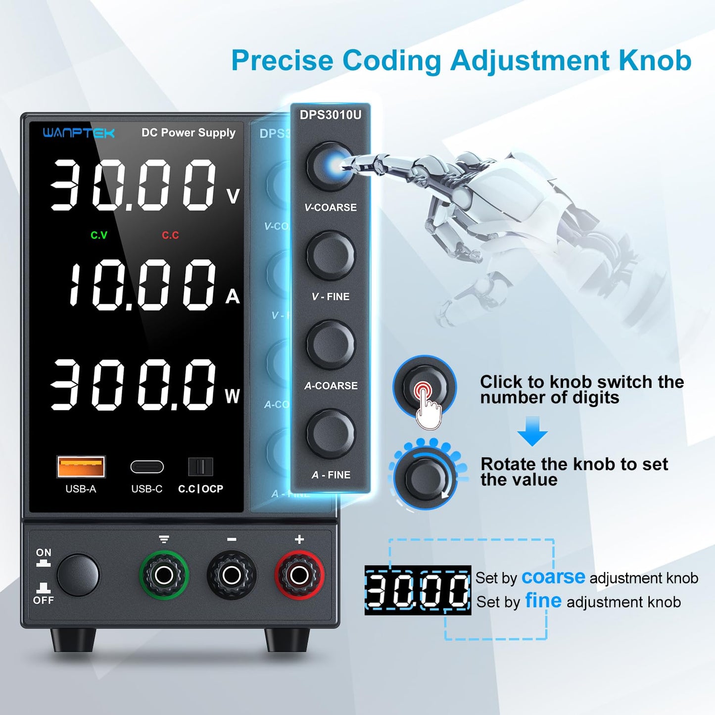 DC Power Supply Variable 0-30V 0-10A, Adjustable Switching Regulated Bench Power Supplies with Encoder Coarse & Fine Knob, 3.6A USB & Type-C Quick-Charge, OCP Overcurrent Protection