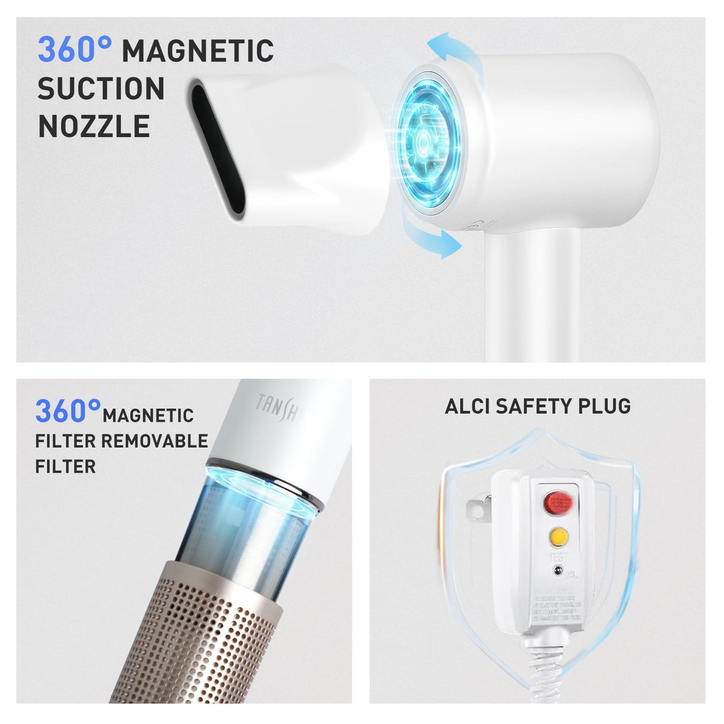 TANSHINE Blow Dryer,Ionic Hair Dryer,110,000 RPM High-Speed Hair Dryer for Fast Drying, Quiet Brushless Motor Hairdryer with 360° Rotating Magnetic Nozzle,Professional Travel Hair Blower,1400W,White