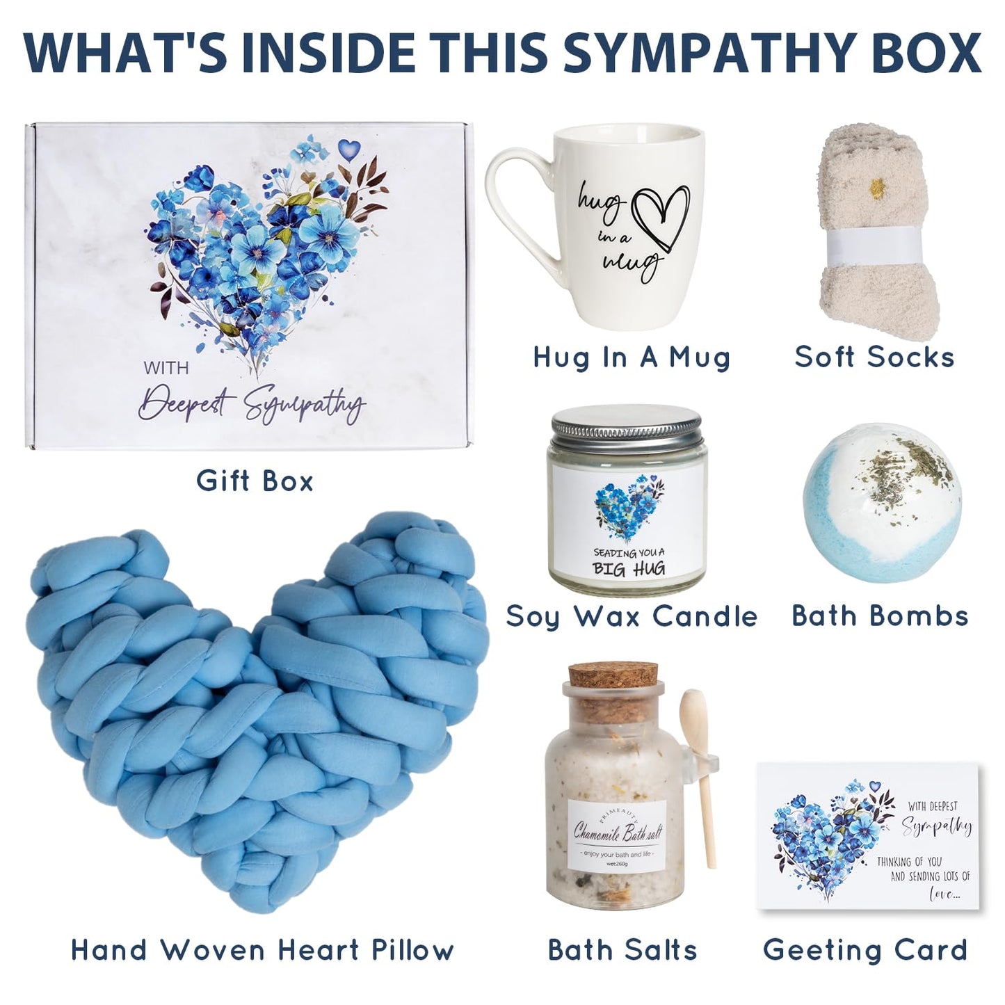 Grief Sympathy Gift Baskets Sorry for Your Loss Thinking of You Box Bereavement Care Packaging for Women Men Friend in Memory of a Loved One (Blue Pillow)