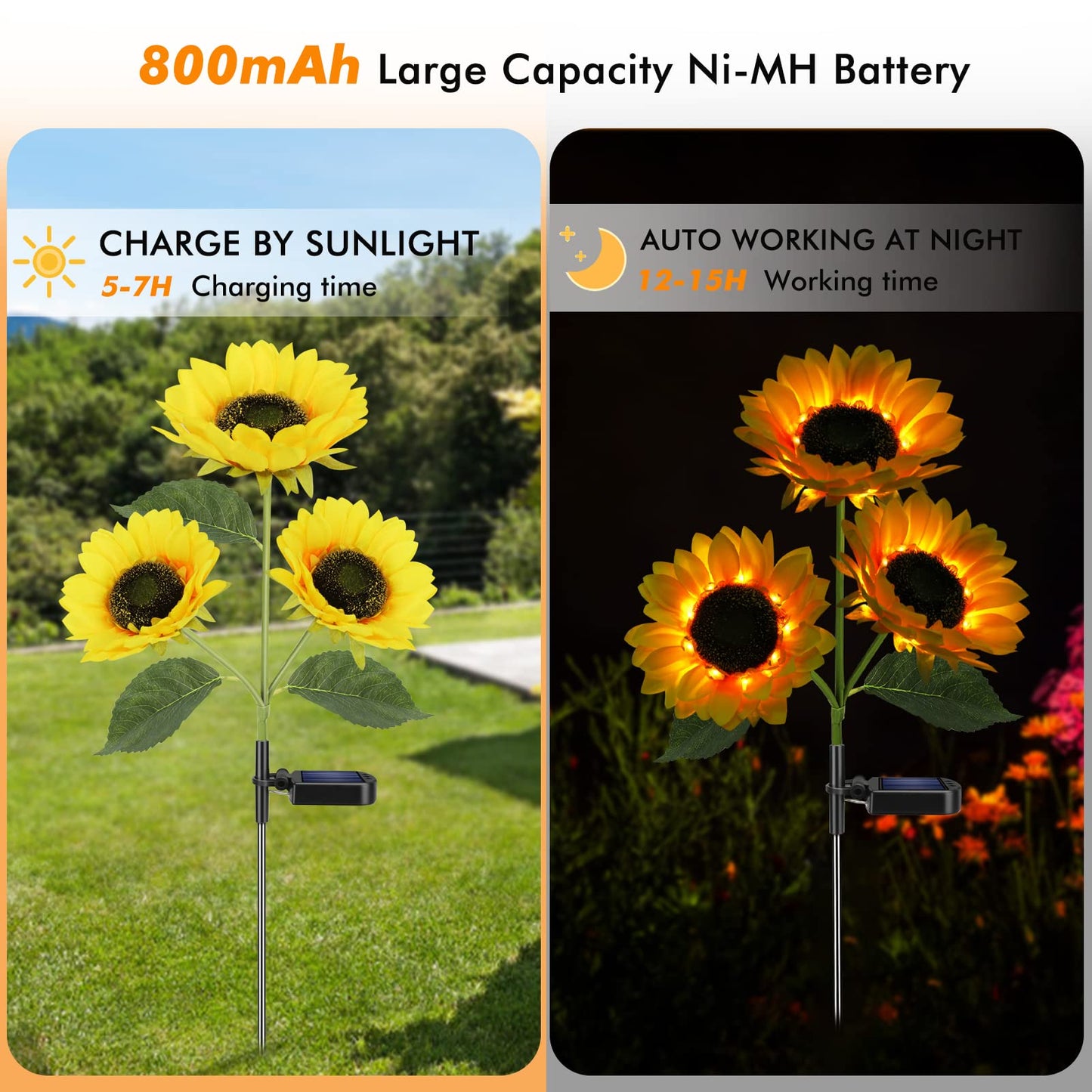 Meagoo Solar Sunflower Lights, 800mA Solar Garden Light with Real Looking Flowers Outdoor Waterproof Solar Stake Lights for Back Yard, Flower Bed, Pathway, Patio, Porch, Fall Decoration