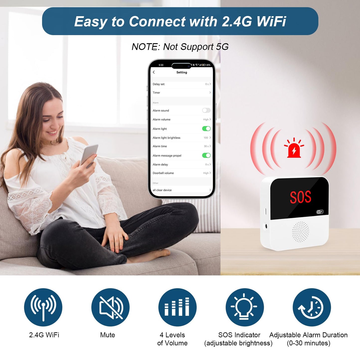 Daytech WiFi Smart Caregiver Pager Call Button Alarm System for Seniors Wireless S0S Emergency Buttons Calling Alert System, 2 Transmitters 1 Receiver(only Supports 2.4GHz Wi-Fi)