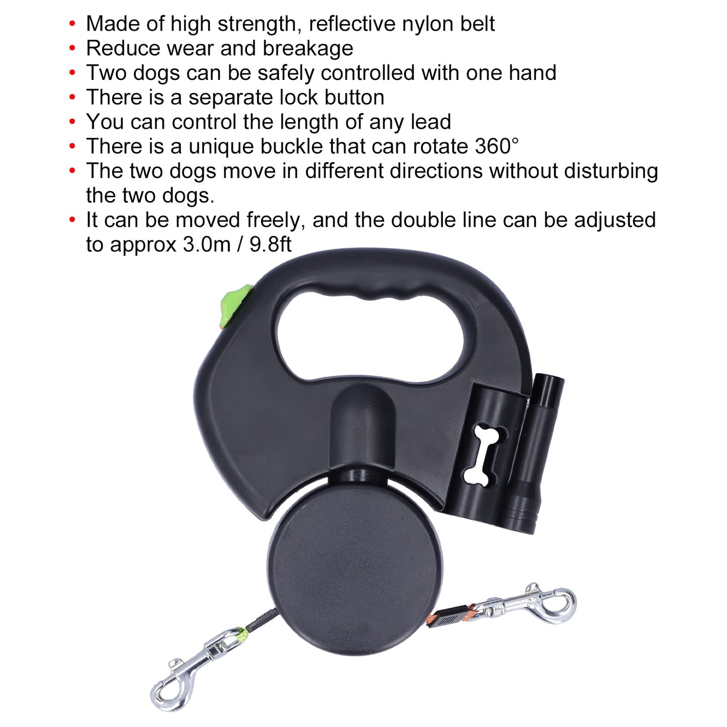 Retractable Double Dog Leash Reflective Pet Leash for Walking 2 Dogs, Traction Rope for Small Medium Dogs, Pet with Light and Bag Dispenser