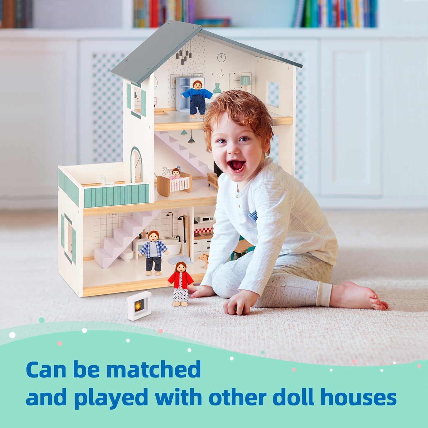 OOOK Wooden Dollhouse Furniture Set for Kids, 26 Pcs Dollhouse Accessories with 4 Family Dolls and Dog, Miniature Doll House Furniture Toys Pretend Play Gift for Girls Boys Age 3+