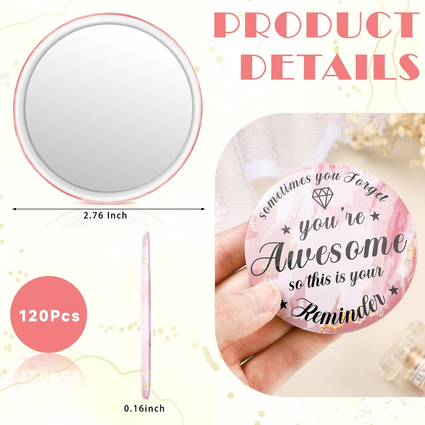 Tradder 120 Pcs 2.76 Inch Inspirational Compact Mirror Bulk Quinceanera Employee Appreciation Gifts Makeup Purse Pocket Mirror for Women Mother's Day Valentine Coworker Nurse Gifts