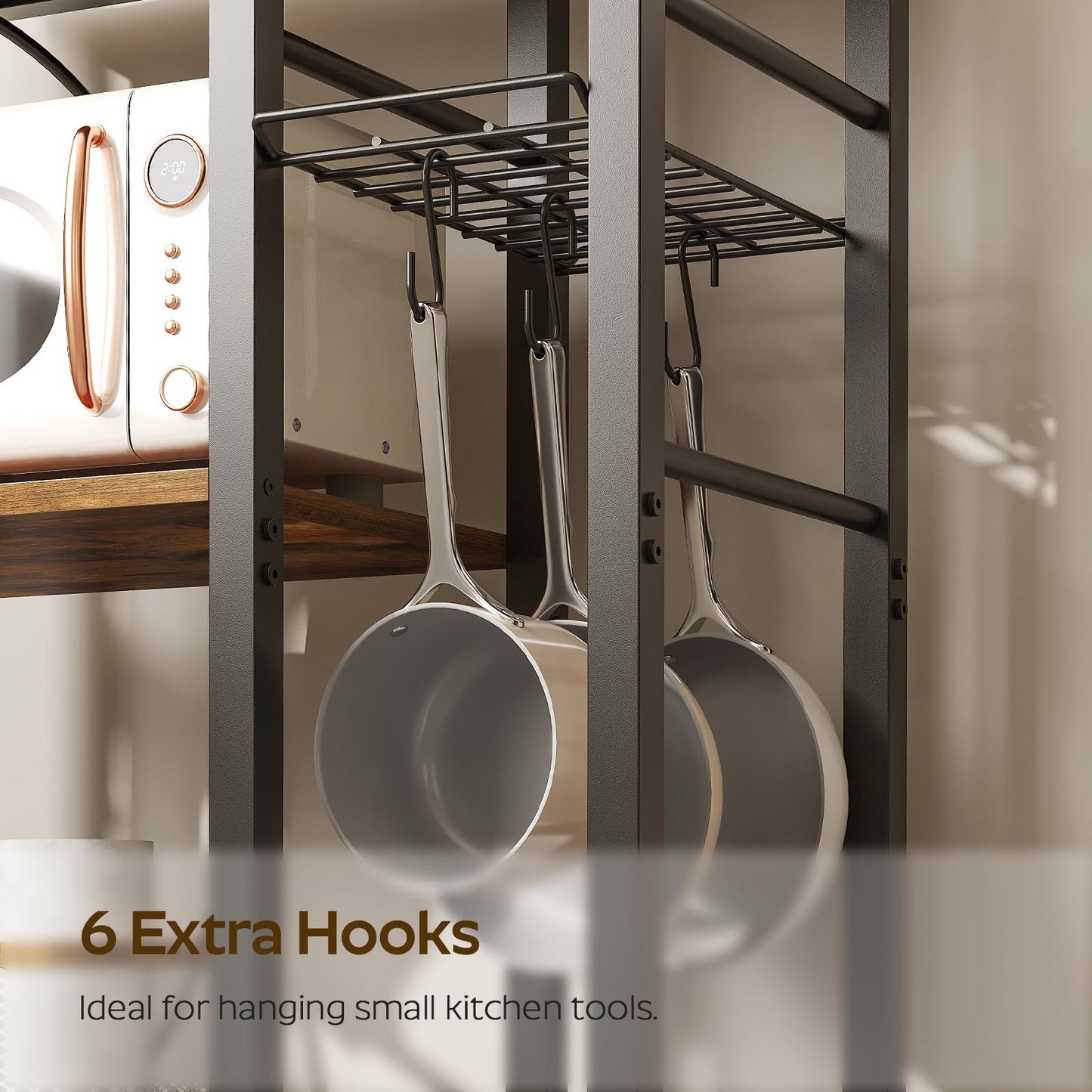 YATINEY Movable Bakers Rack, Microwave Stand with Charging Station, Kitchen Storage Rack with Hooks and Basket, Casters and Adjustable Feet, for Small Space, Kitchen, Dining Room, Rustic Brown HB04UBR