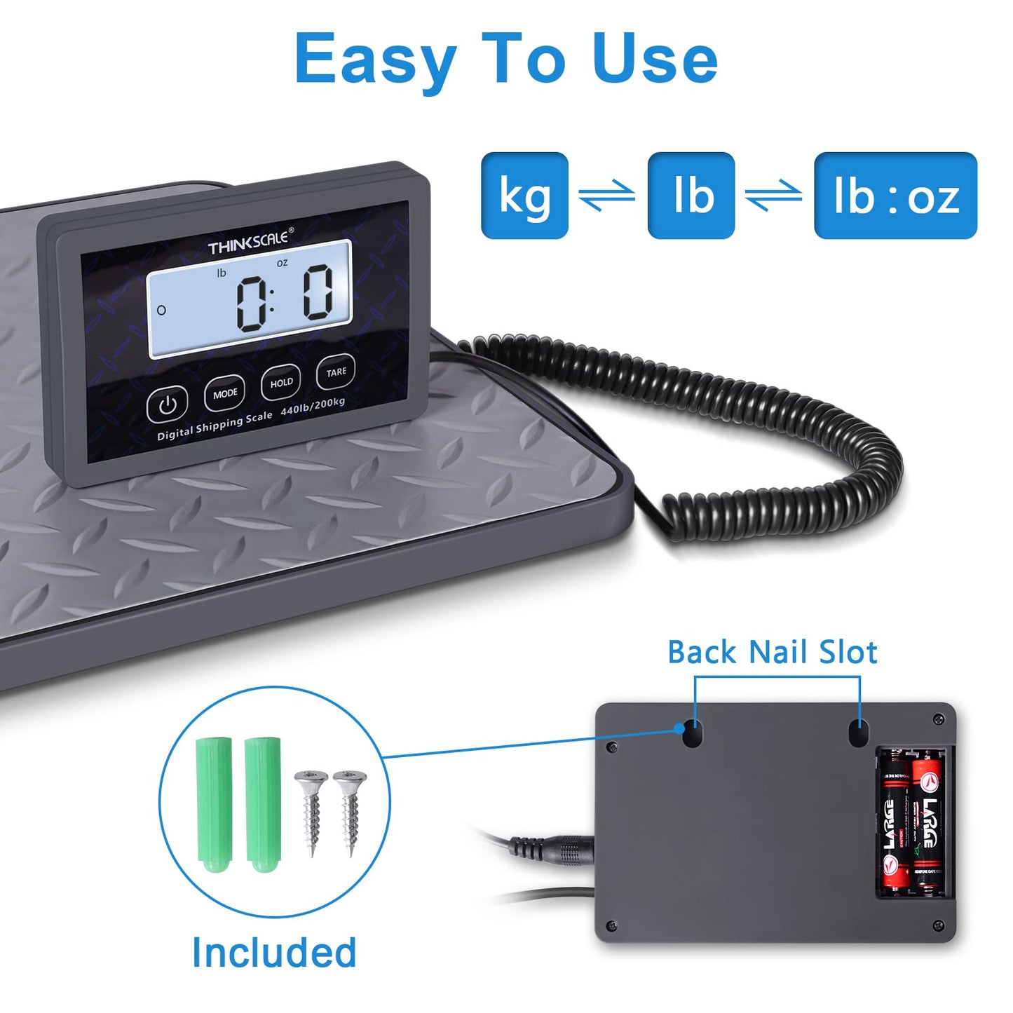 THINKSCALE 440 lbs/1 oz Highly Accurate Shipping Scale, Lightweight Postal Scale with Hold/Tare, Digital Postage Scale for Packages/Business/UPS USPS Post Office/Dog, Battery & AC Adapter Included