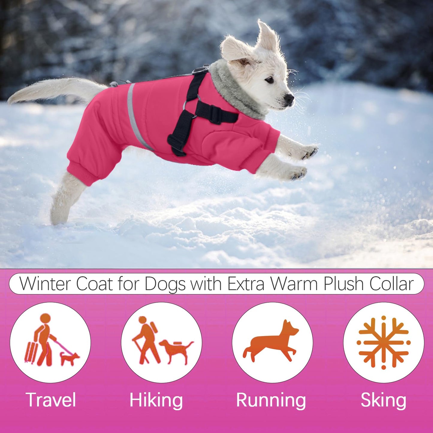 BRKURLEG Dog Winter Coat with Harness Built in, Winter Dog Jackets for Small and Medium Dogs, Small Dogs Snowsuit Reflective Windproof Cold Weather Pet Coats, Puppy Warm Fleece Coat, Hot Pink, M
