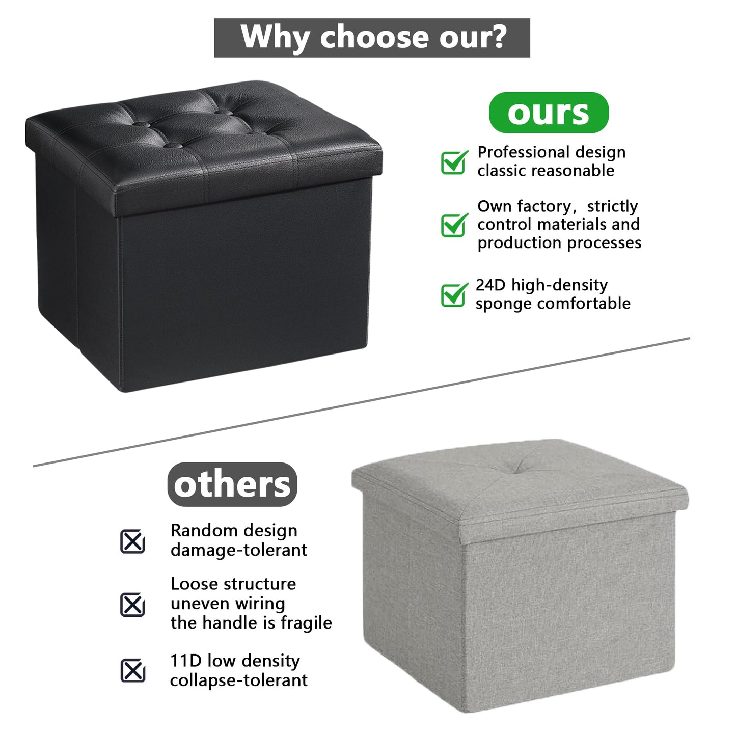 AmasSmile Storage Ottoman Foot Rest Stool, 17 inch Leather Folding Footstool Bench, Short Ottoman Stool, Black Storage Foot Rest Store, Books (Black, 33D x 43W x 33H cm)