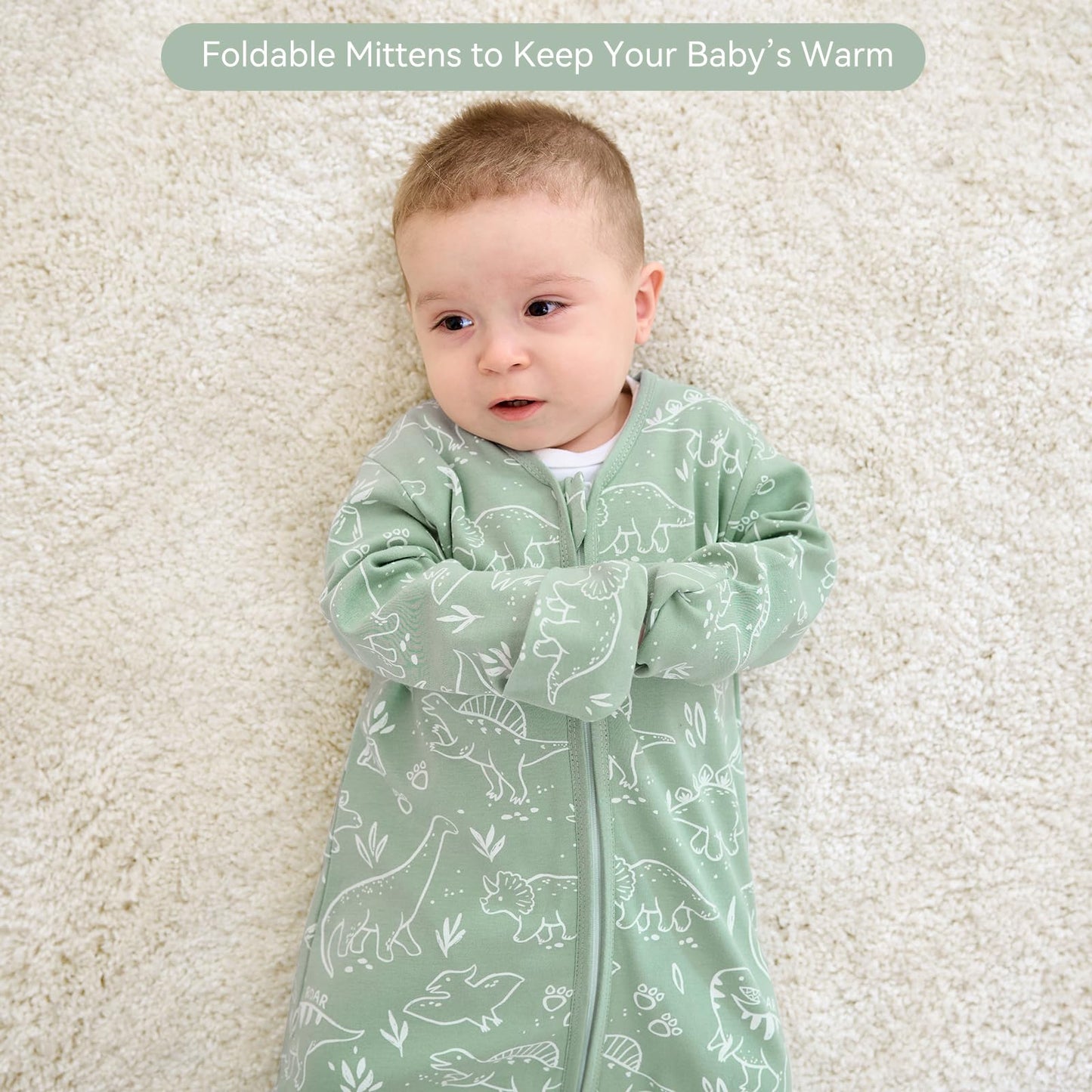 FIEMOL Baby Sleep Sack 0-6 Months, Long Sleeve Baby Sleeping Bag 0.5 Tog with Mittens, Newborn Cotton Wearable Blanket Gigoteuse Green Dinosaur 2 Pack(Small)