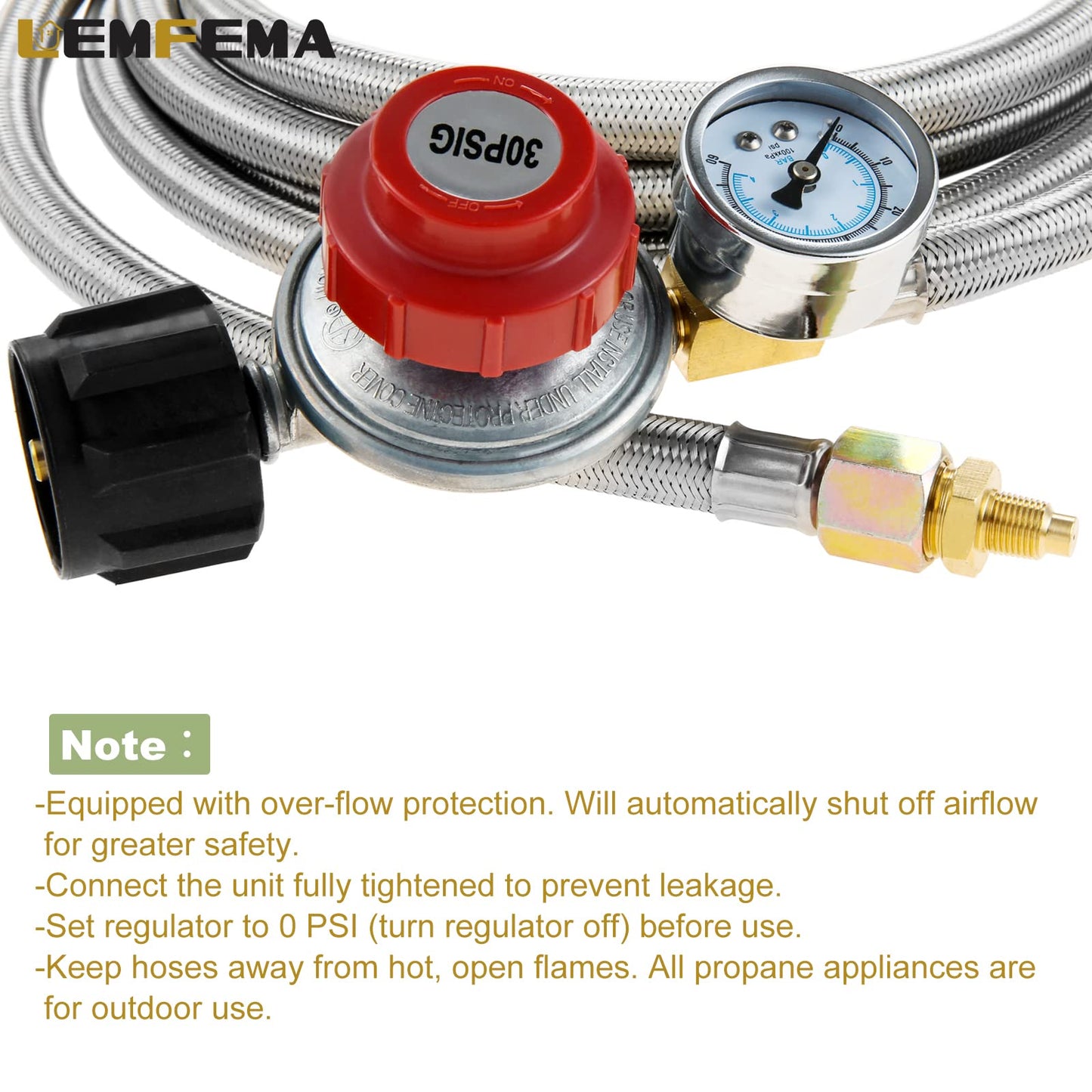 12Ft 0-30PSI High Pressure Adjustable Propane Regulator with Gauge, Stainless Steel Braided Hose Fit for Grill, Burner, Cooker, Turkey Fryer, Propane Heater, Fire Pit, QCC1 x 3/8" Female Flare Fitting