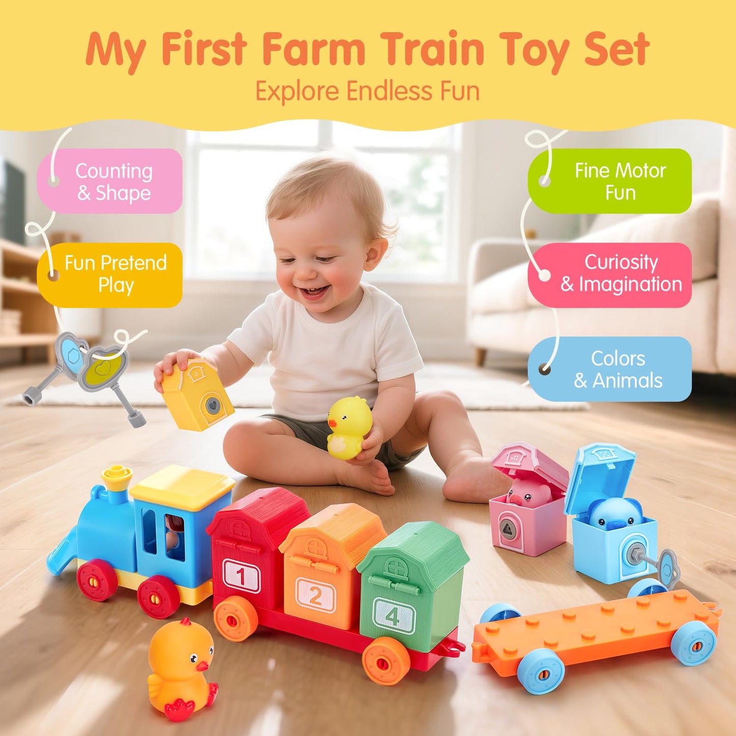 hahaland Toddler Learning Farm Train Set for Toddlers 1-3 Years - Counting Matching & Sorting Montessori Toys, Finger Puppets, Keys to Lock and Unlock Barns Birthday for Baby Boys Girls