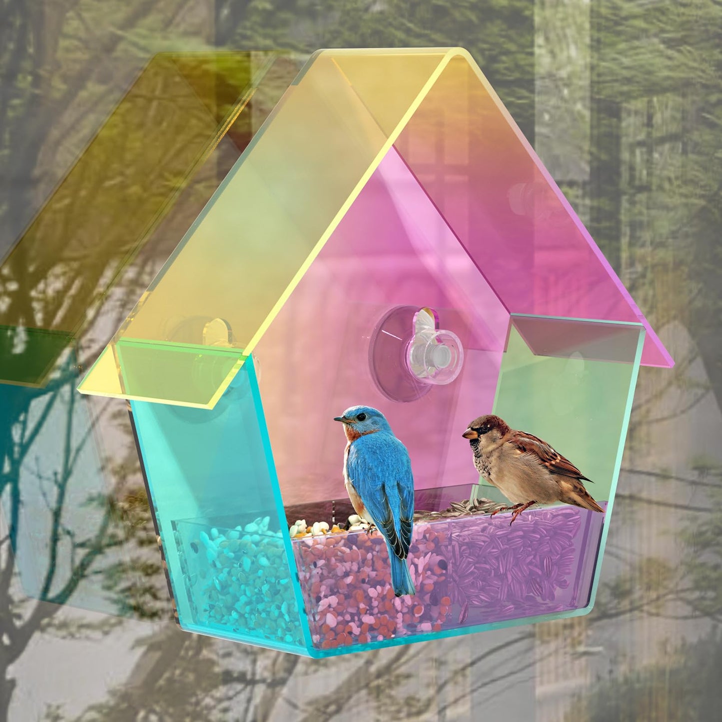Window Bird Feeder with Strong Suction Cups, Outdoor Hummingbird Colorful Transparent Feeder for The Window, Waterproof Acrylic Birdfeeder with 2 Expansion Screws for Tree/Patio