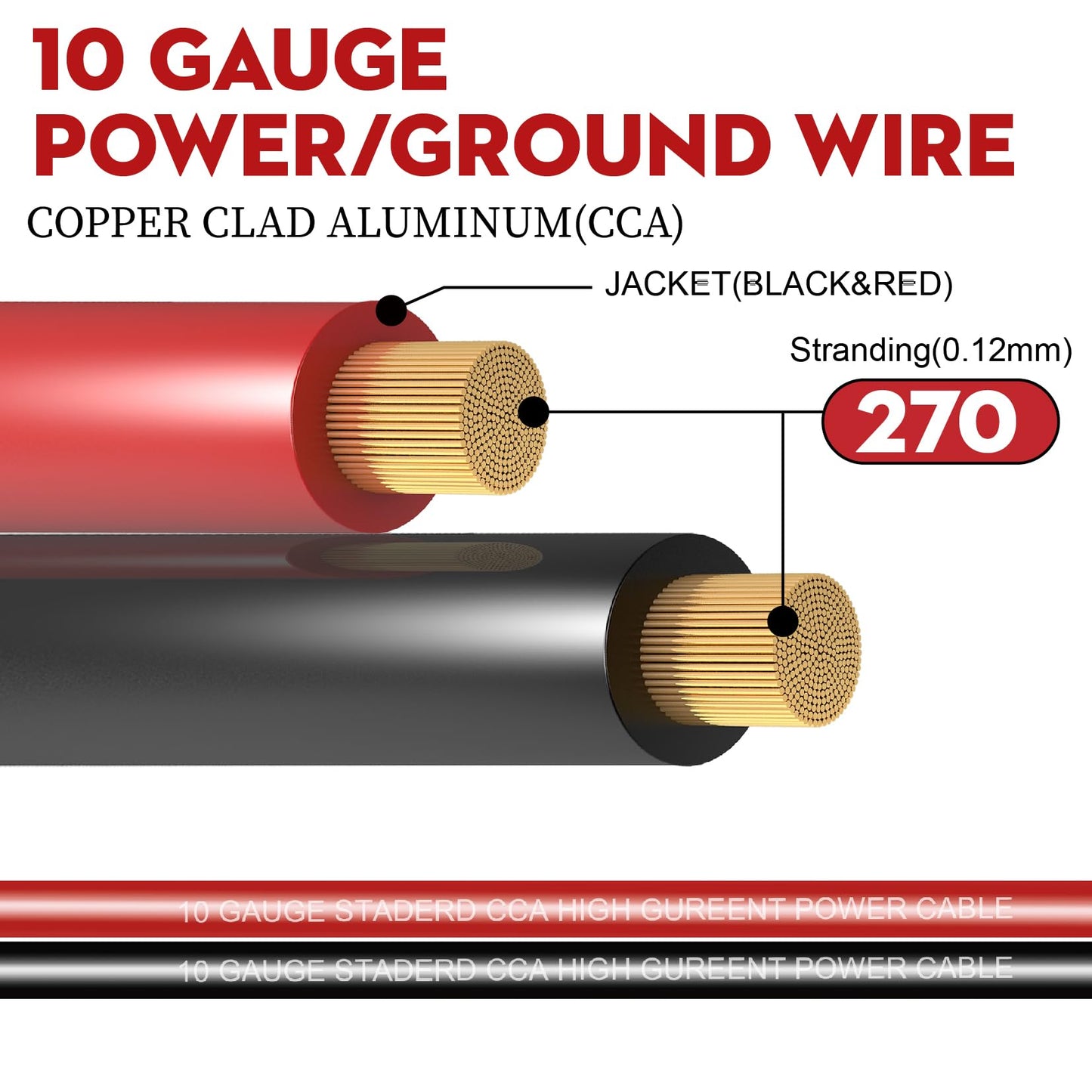 Taigoehua 100FT 10 Gauge Wire (50ft Each- Black/Red) 4 * 40A Fuse Holder/20*Lugs/-Copper Clad Aluminum CAA-Primary Automotive Wire,Car Amplifier Power & Ground Cable