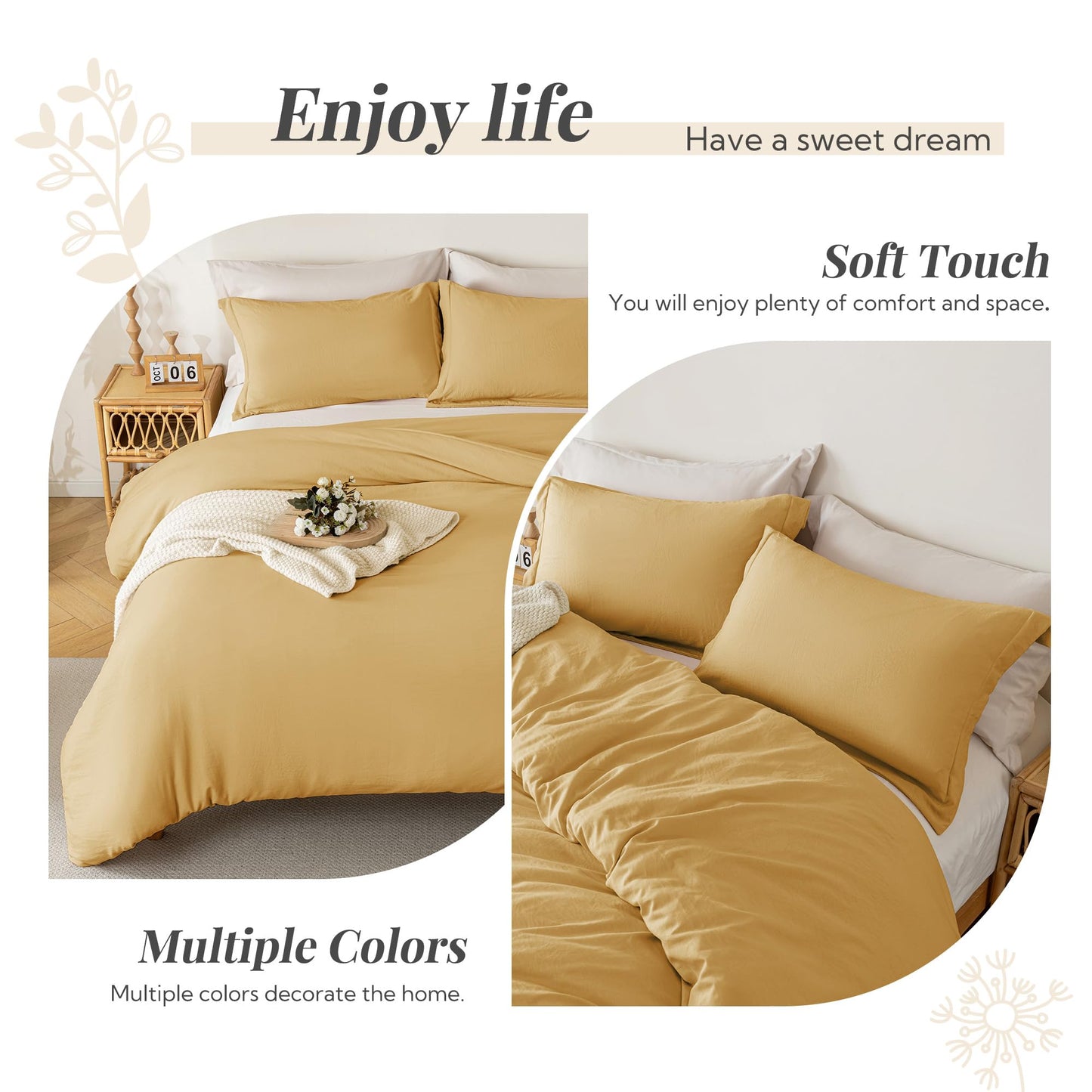 MILDLY Super Soft Duvet Cover - 100% Washed Microfiber Warm Mustard Yellow Comforter Cover Set 3 Pieces with Zipper Closure & Corner Ties (No Comforter)