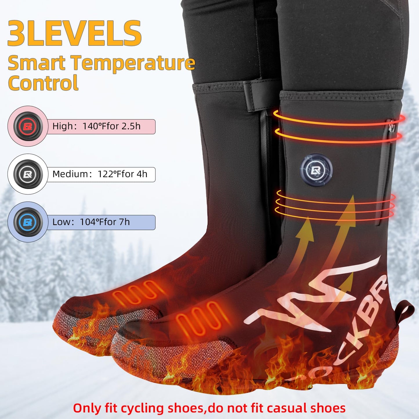 ROCKBROS Heated Cycling Shoe Covers Winter Bike Shoes Cover for Cold Weather with 5000mAh Battery Warmer Thermal Windproof Bicycle Overshoes Shoescover for Men and Women Black