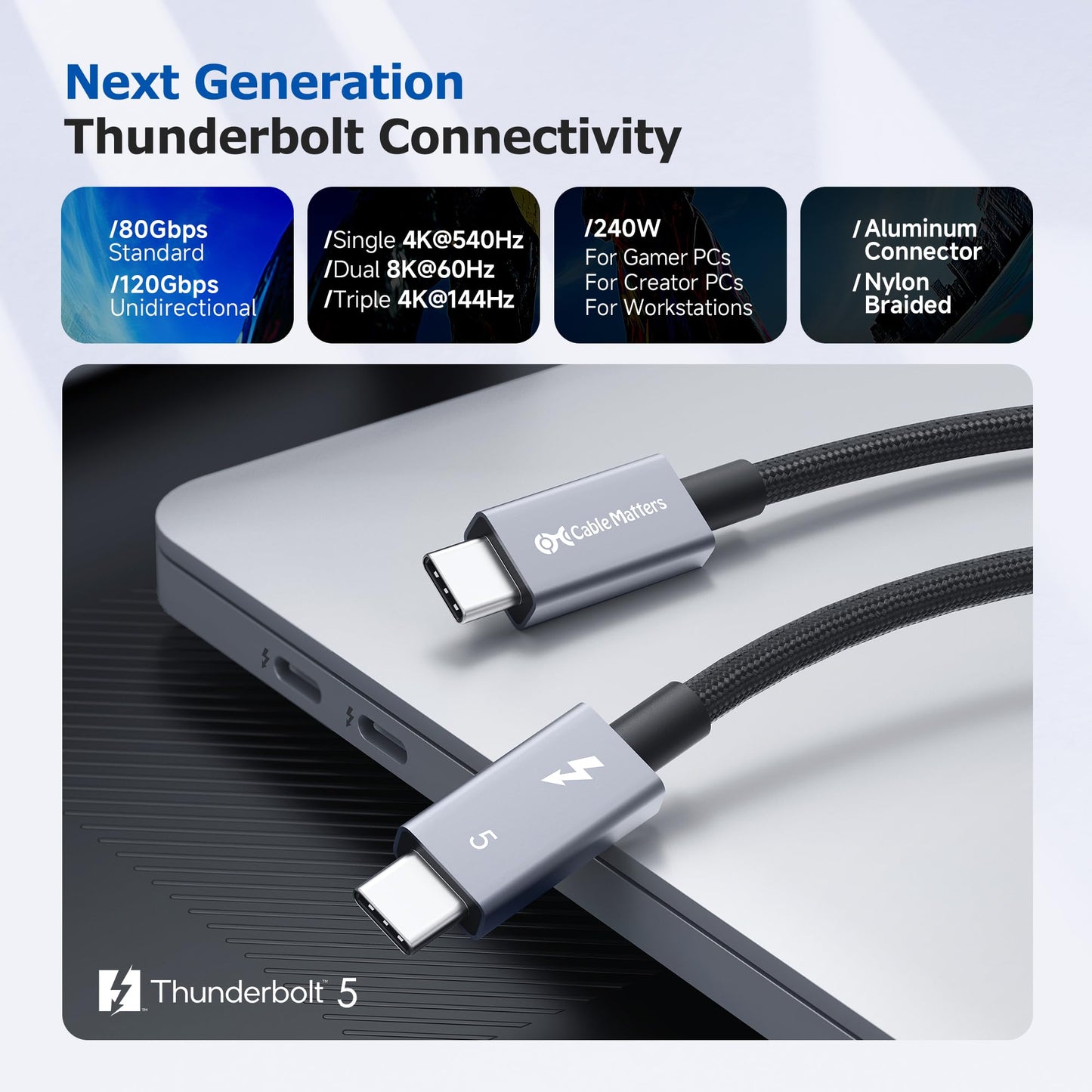 [Intel Certified] Cable Matters 80Gbps Braided Thunderbolt 5 Cable with up to 120Gbps Bandwidth Boost and 240W Charging in Black - 3.3ft/1m, Compatible with Thunderbolt 4/3, USB4, and USB-C