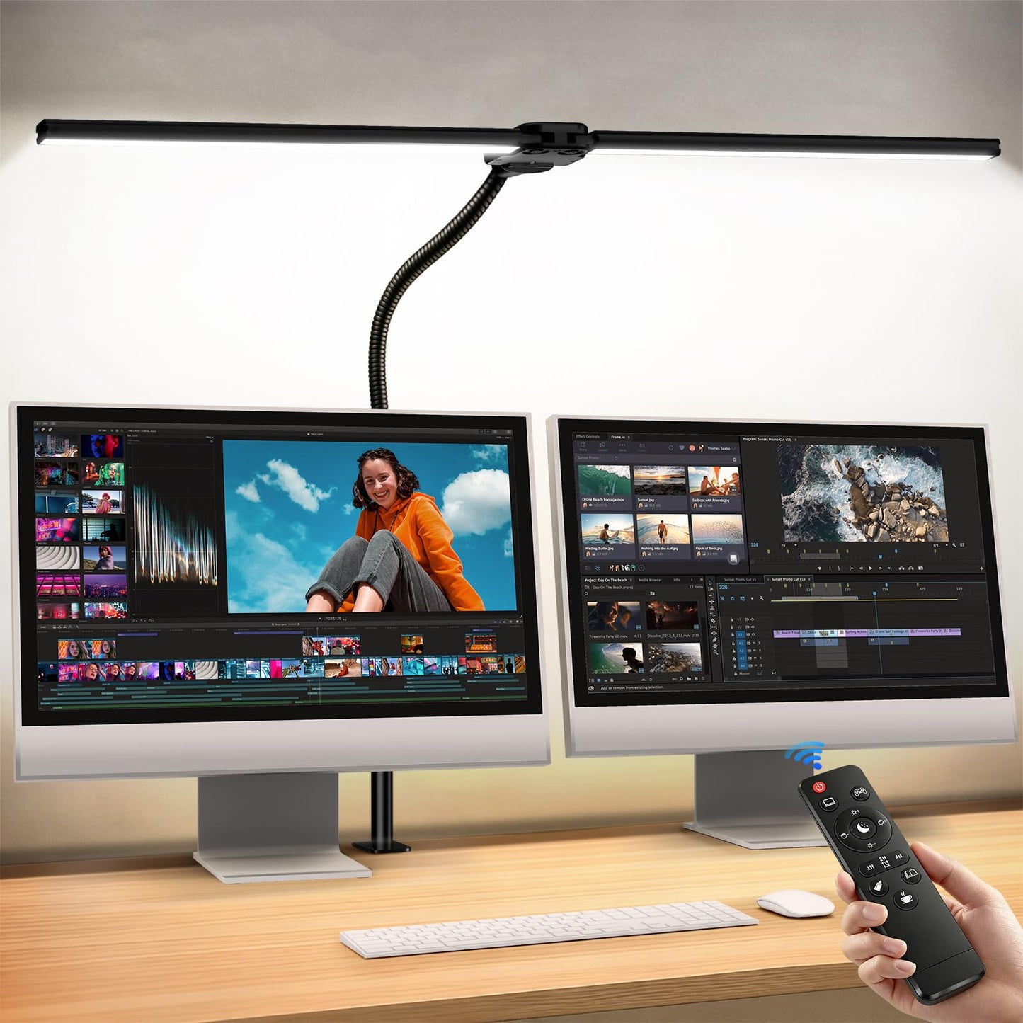 Eocean Dual-Head Desk Lamp, 1800LM 24W LED Architect Light with Remote & Button Control, 25 Lighting Modes & Clamp, CRI>95 No Flicker for Home Office Reading Gaming