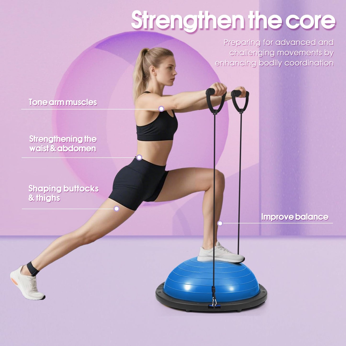 Balance Ball Trainer, 26 inch Half Exercise Ball with Resistance Bands, Home Gym Full Body Workout Equipment, Blue