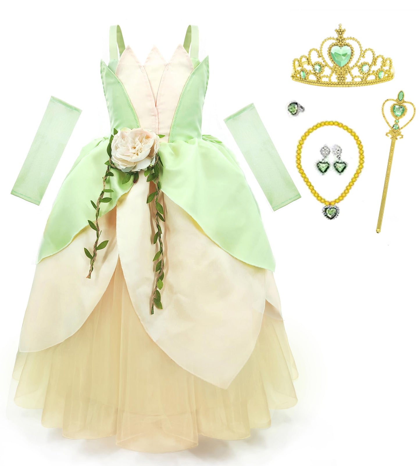 CQDY Princess Tiana Costume for Girls Fancy Fairy Halloween Party Dress Up Toddler Tale Role Play Green Frog Dress