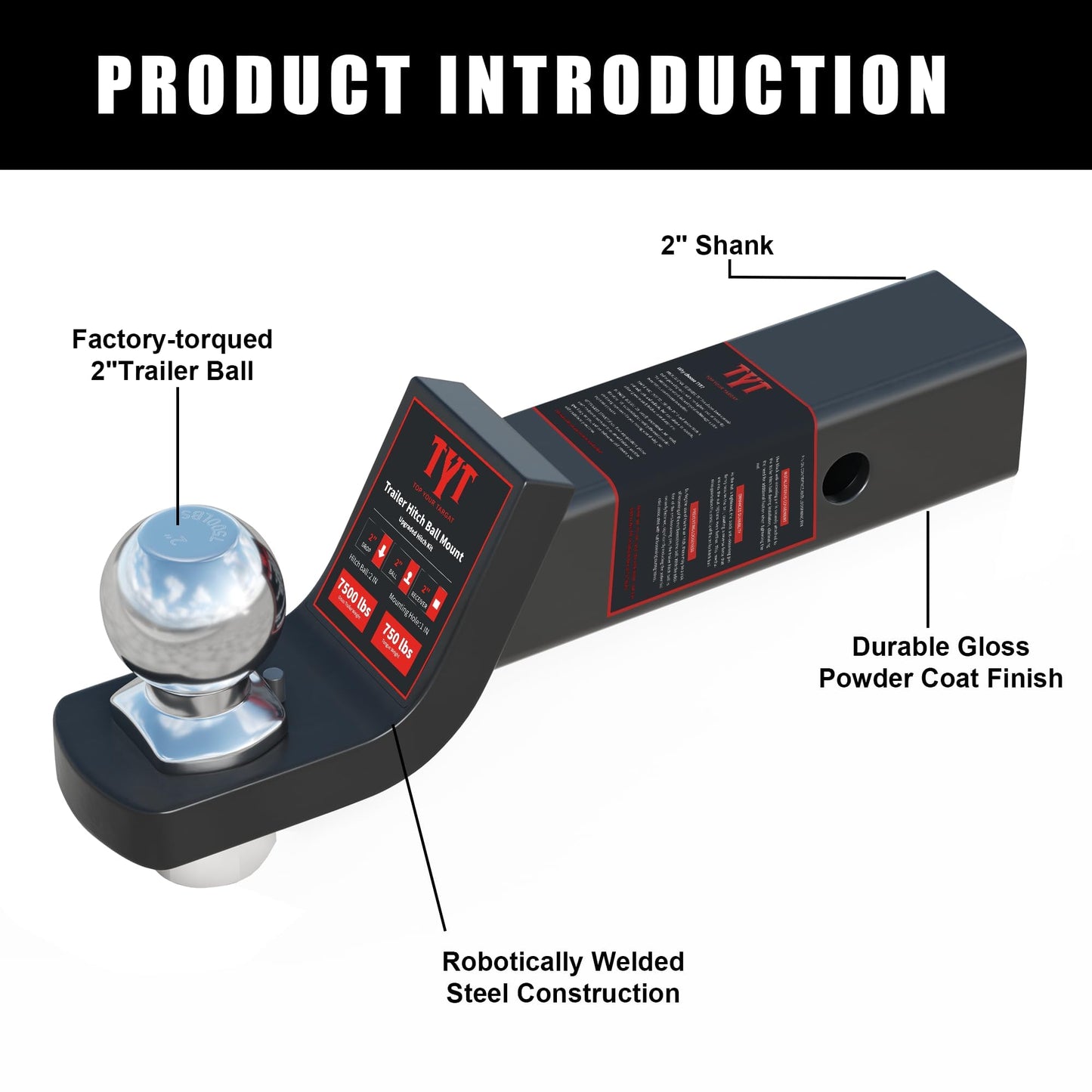 TYT Trailer Hitch Ball Mount with 2 Inch Ball & Pin, Fits 2 Inch Receiver, 7500lbs, 2 Inch Drop, Upgraded Hitch Kit Black with Anti-Rattle Pin