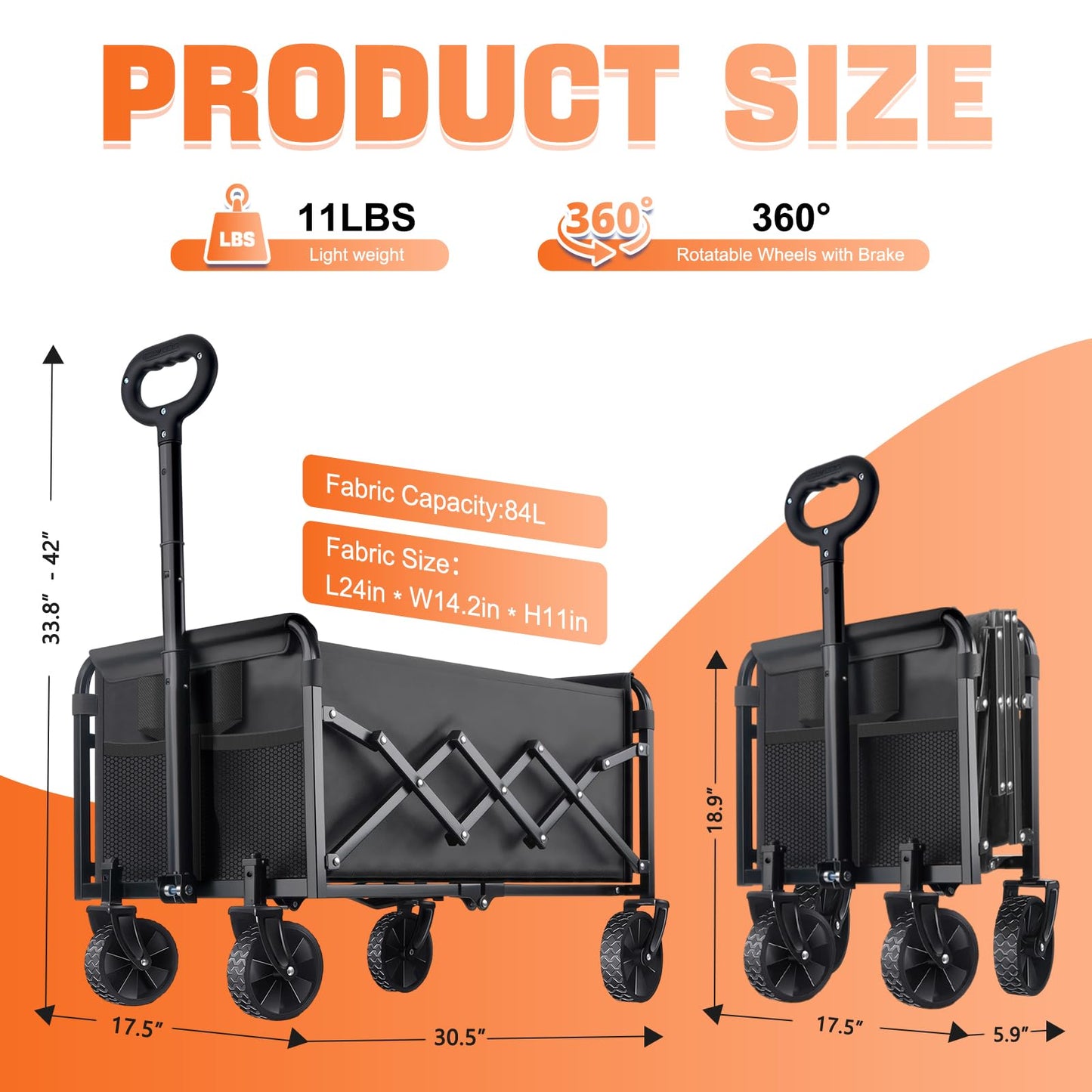 Collapsible Foldable Wagon Cart with Wheels - 220LBS Heavy Duty Utility Cart, Portable Lightweight Folding Wagon with All-Terrain Wheels & 2 Cup Holders for Beach Camping Shopping Grocery Garden