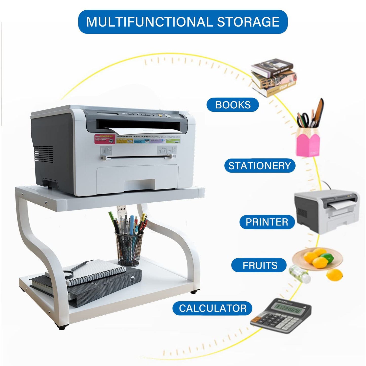 PUNCIA 2 Tier Wood Printer Stand with Storage Heavy Duty Desktop Shelf - Modern Minimalist Style Fits Laser Printers Copiers Fax Machines, Organizer for Home Office Dorm Small Spaces