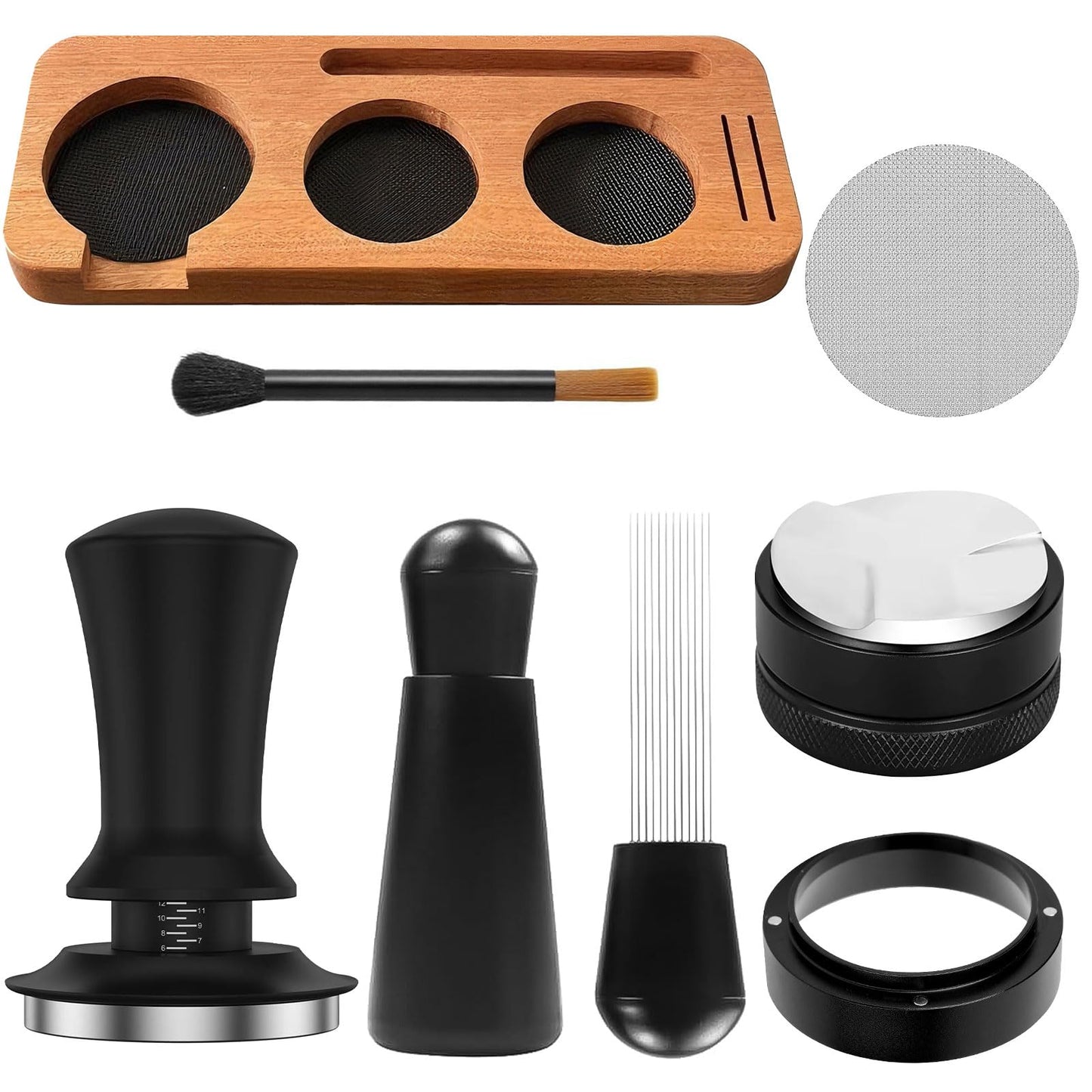 Espresso Accessories 7-Pcs Set, 54mm Espresso Tamper,wdt Tool,(Coffee Tamper with Wooden Espresso Tamper Base, Portafilter, Stirrer, Measuring Funnel, Brush, Ice Cube Strainer)