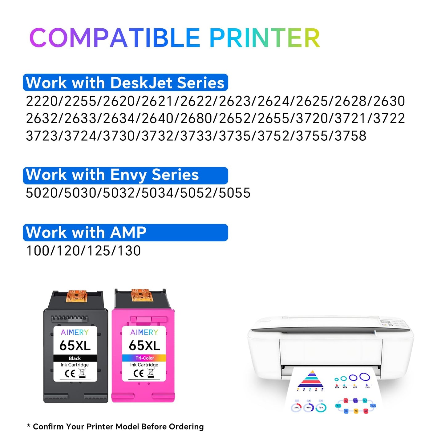 65XL Ink Cartridge for HP 65 Ink Cartridges Black Color Use for DeskJet 3755 3752 2600 3772 3720 3700 2625 2652 2655 Envy 5000 5010 5052 5055 Printer, 2er-Pack
