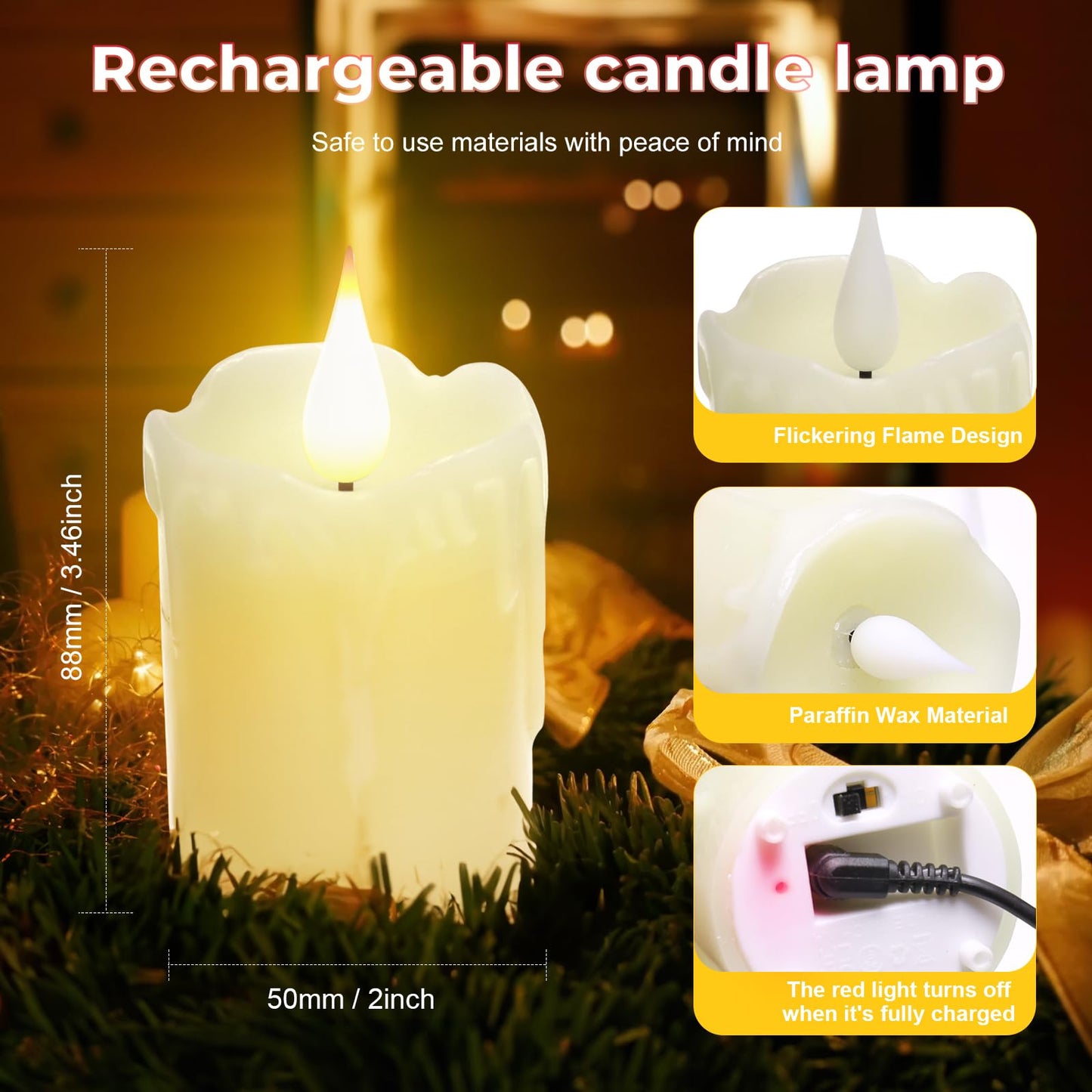 6 PCS Real Wax Rechargeable Flameless Warm White LED Candles,3D Wicks and Remote Control, D2 x H4”,Flickering Votive Battery Operated Tea Lights Candles with Timer,for Christmas,HalloweenDecor