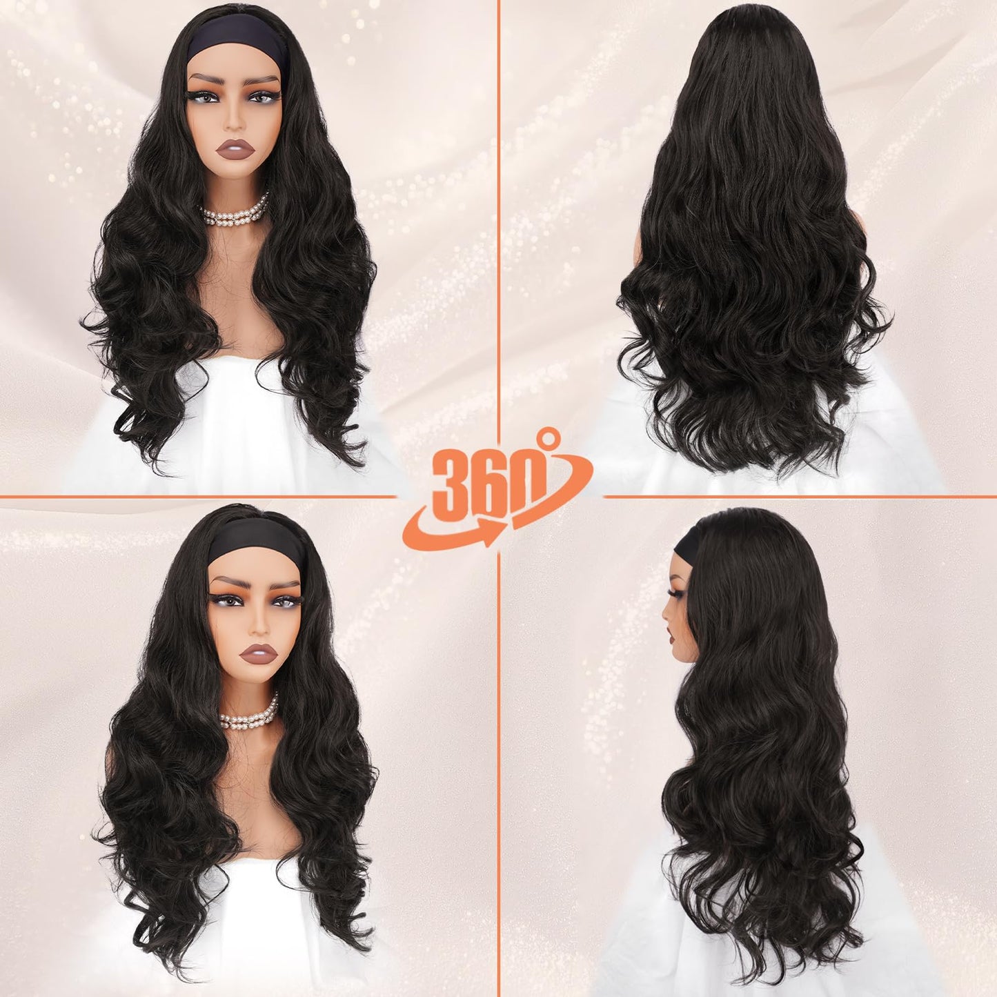 BARSDAR Dark Brown Wavy Headband Wig - 26 Inch Long Loose Body Wavy Synthetic Headband Wig for Women - Wear and Go Glueless Wig Soft Lightweight Natural Looking Easy Wear Head Band Wigs