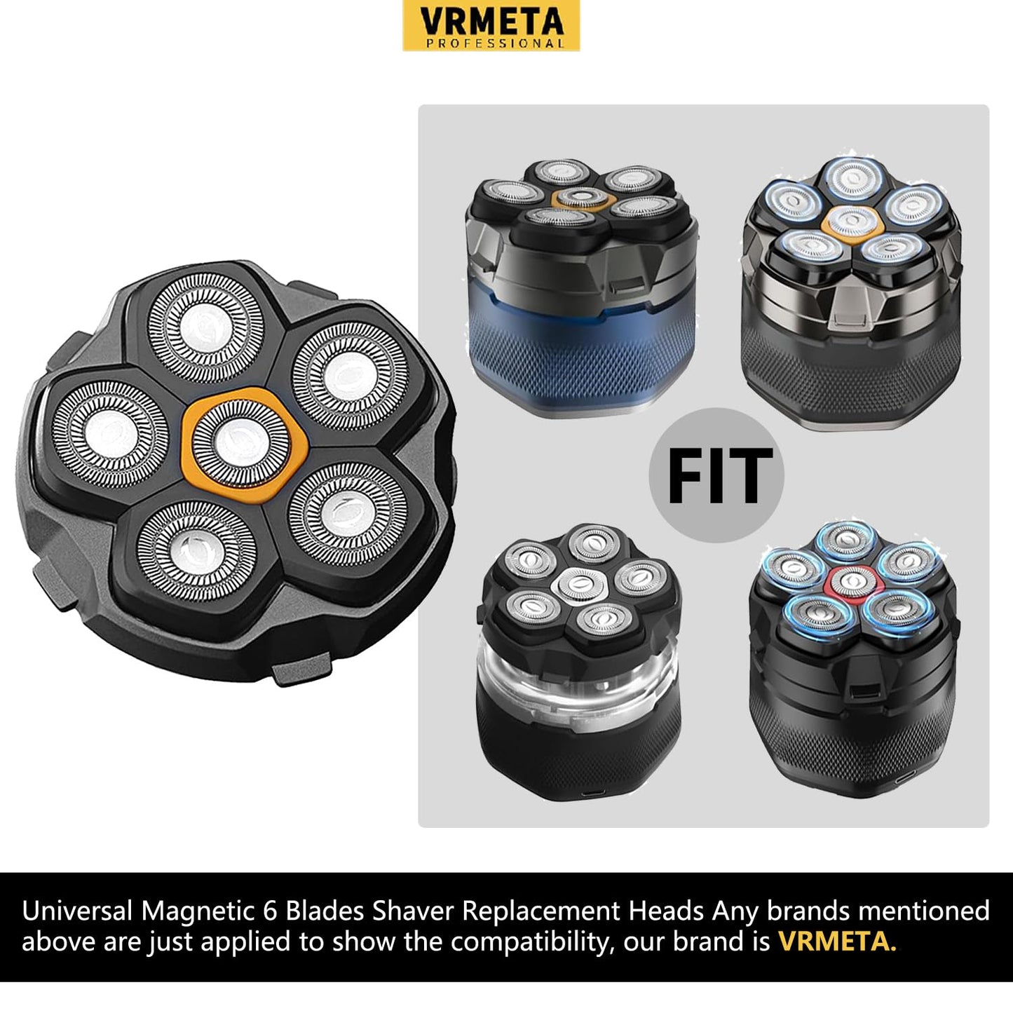 6 Blade Magnetic Replacement Shaving Heads for Bald Men Compatible with All 6D Magnetic Electric Razor (2 PCS VM-072)