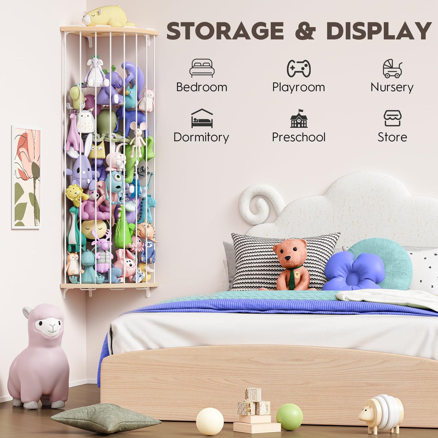 Zayysoha Stuffed Animal Storage Wood Corner Toy Plush Storage Hammock Hanging Storage Net, Toy Organizer Shelf for Nursery Playroom Bedroom Kid Room