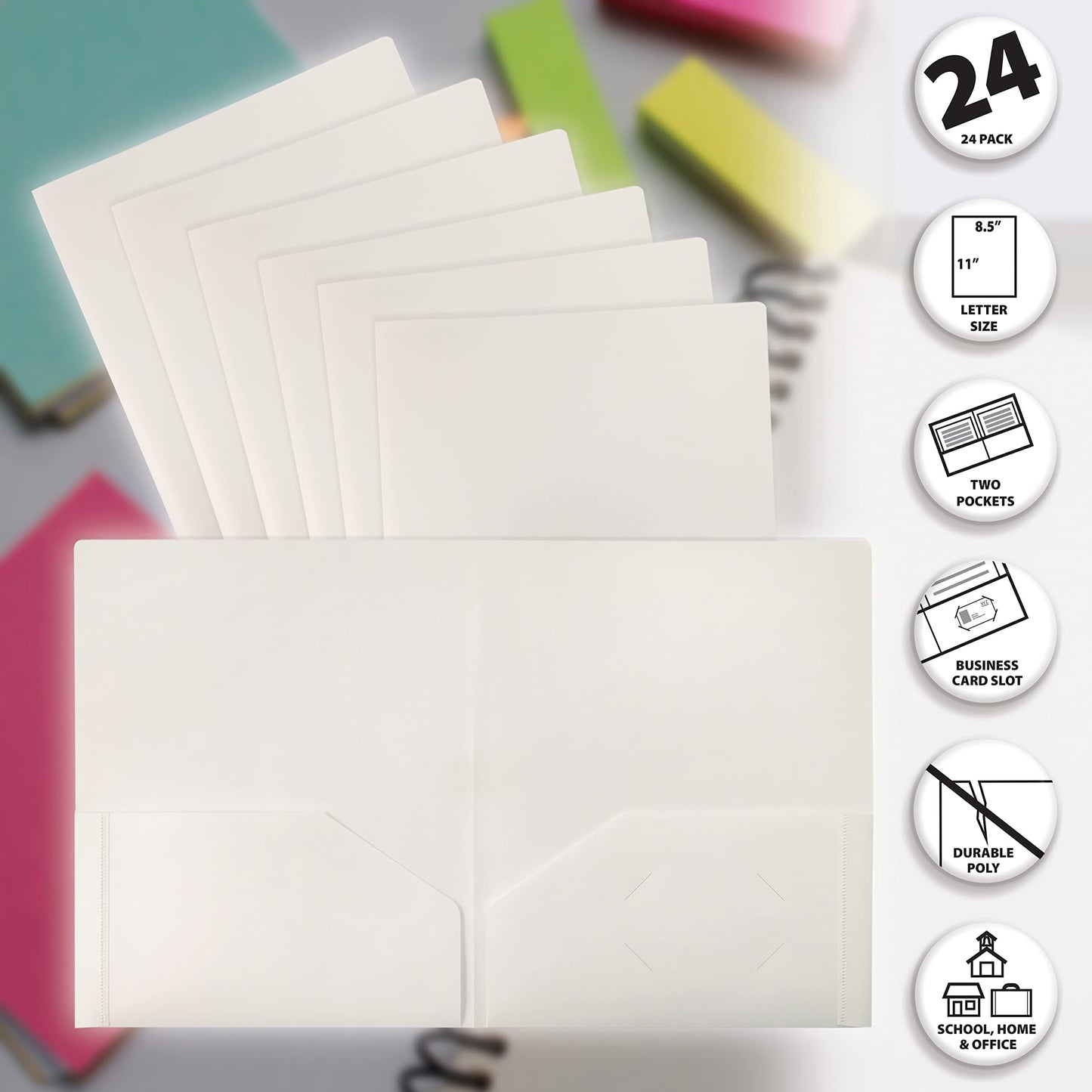 Heavyweight White Plastic 2 Pocket Portfolio Folder, 24 Pack, Letter Size Poly Folders by Better Office Products, 24 Pack, White