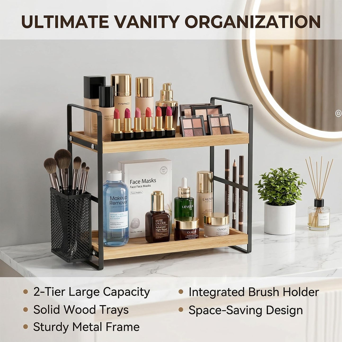 LEMIKKLE Bathroom Countertop Organizer, Perfume Tray and Vanity Organizer,Skincare Organizers for Vanity with Basket,Storage Organizers for Bathroom, Kitchen, Dresser
