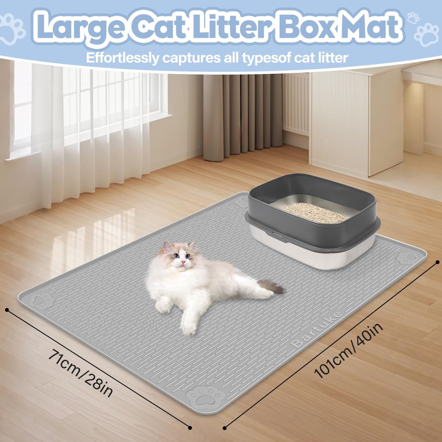 Bartuke Cat Litter Mat, Extra Large 101 x 71cm Silicone Mat Litter Trapping Mat for Scatter Control, Soft on Kitty Paws, Easy to Clean (Grey)