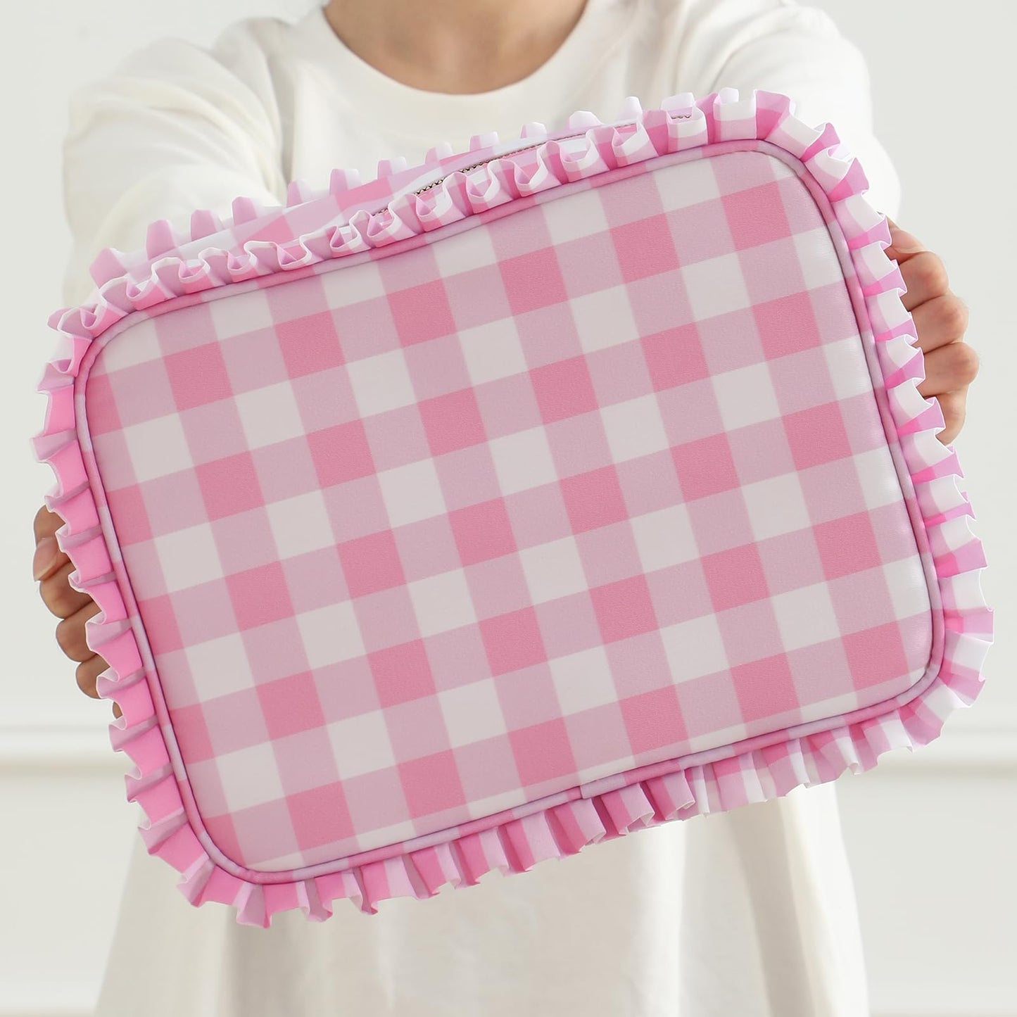 EMBRUNIOICE Gingham Ruffle Makeup Bag,Large Travel Cute Cosmetic Bag for Women Girls,Toiletry Bag Make up Organizer 11.8 x 4.7 x 9 inch (Pink Gingham)