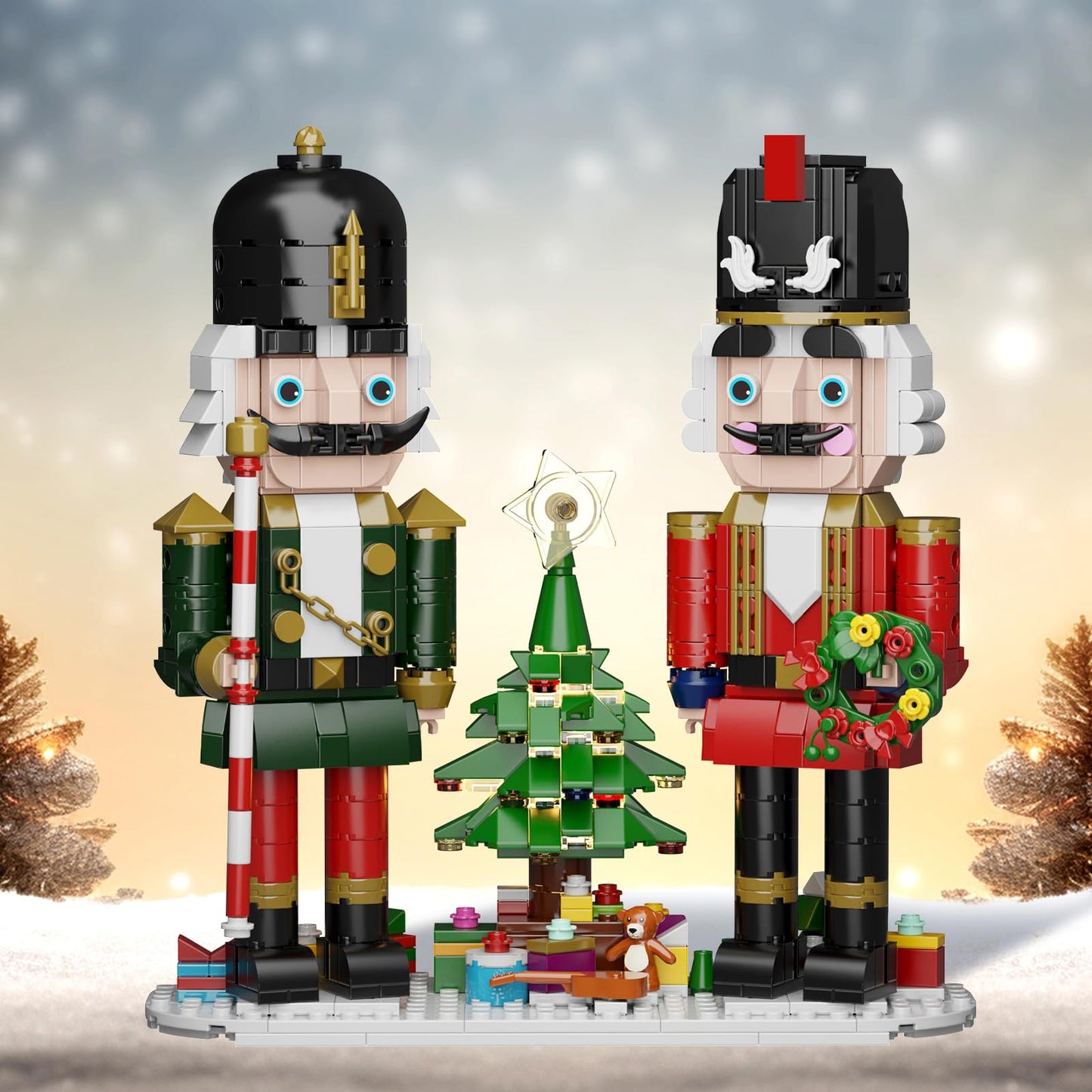 Christmas Nutcracker Building Kit with LED Light,Xmas Decorative Nutcracker Building Sets,Contains Christmas Tree,Wreath,Cane,Compatible with Lego,Festival Gift (690 Pcs)