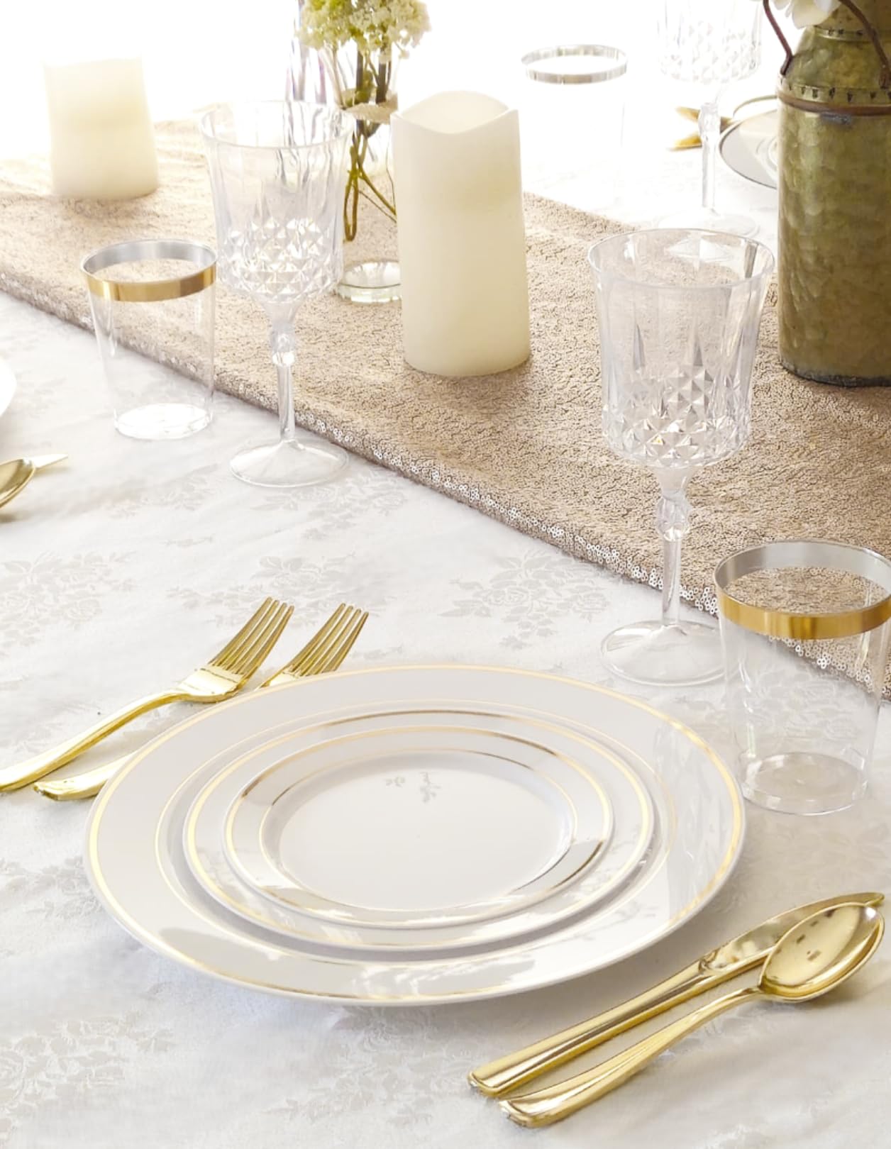 OCCASIONS 50 Plates Pack (25 Guests)-Heavyweight Wedding Party Disposable Plastic Plate Set -25 x 10.5 inch Dinner + 25 x 7.5 inch Salad/Dessert plates (White & Gold Rim)