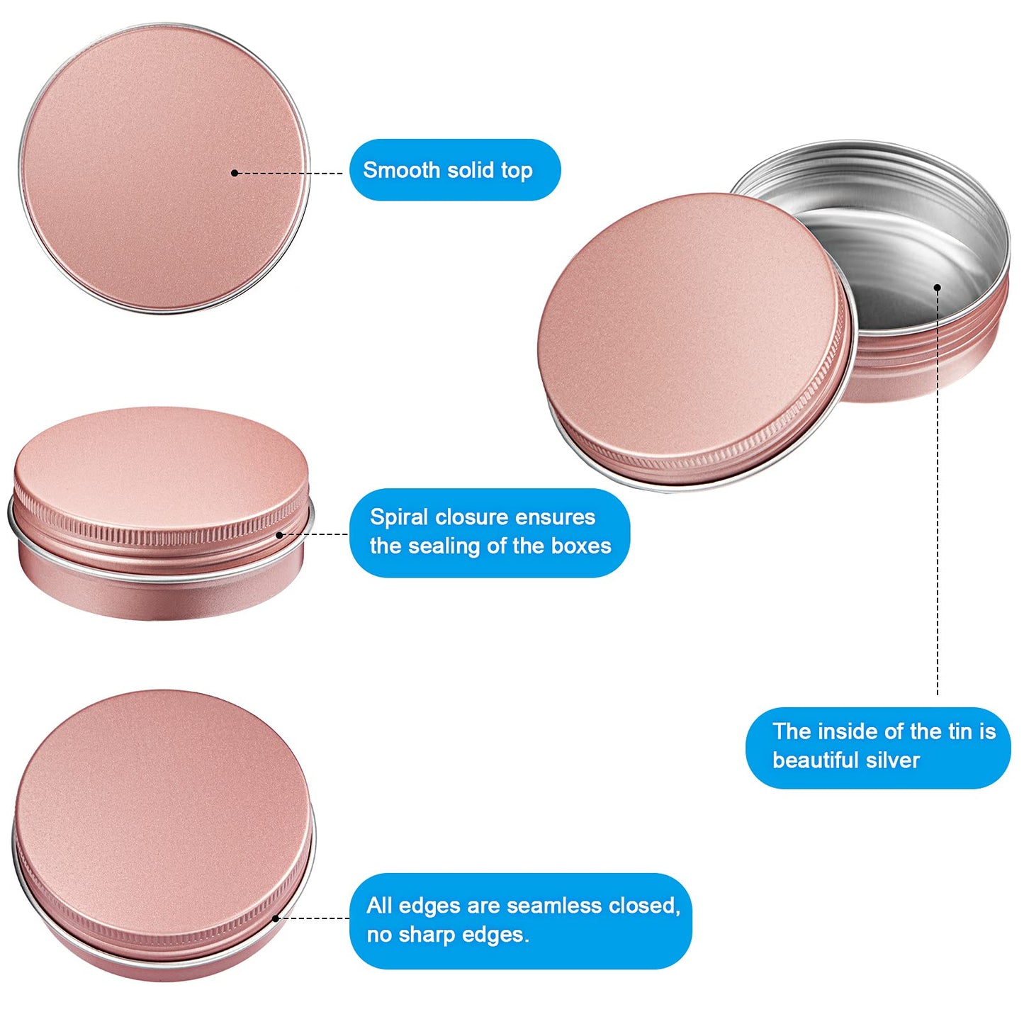 2 oz Metal Round Tins Aluminum Tin Cans Salve Tins Containers with Screw Lid 10 Sheets Stickers for Salve Spice Candies Balms Candles, 36 Pack (Rose Gold)
