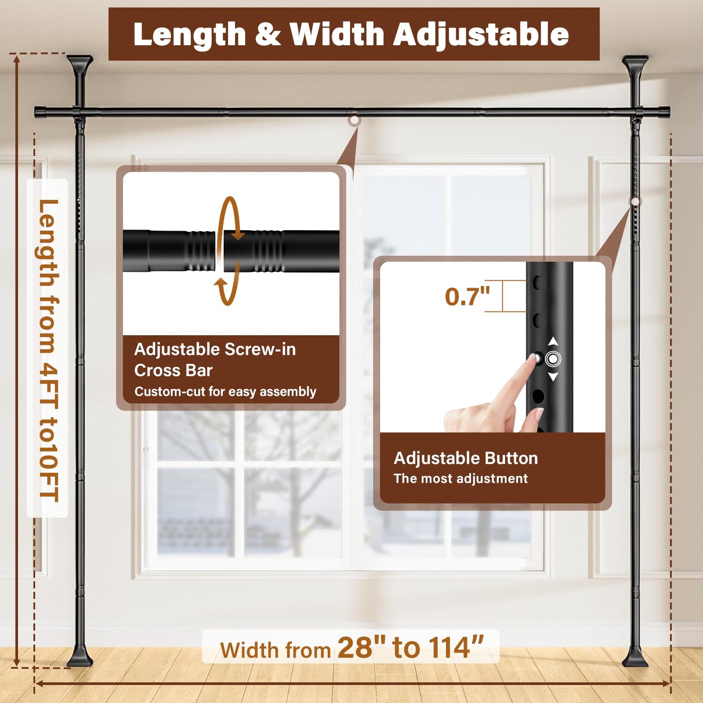 Room Divider Curtain Rod, No Drilling Tension Curtain Rod, 4-10ft H x 28-114in W Adjustable, Heavy Duty Freestanding Room Divider for Space Partition & Room Separation, Black