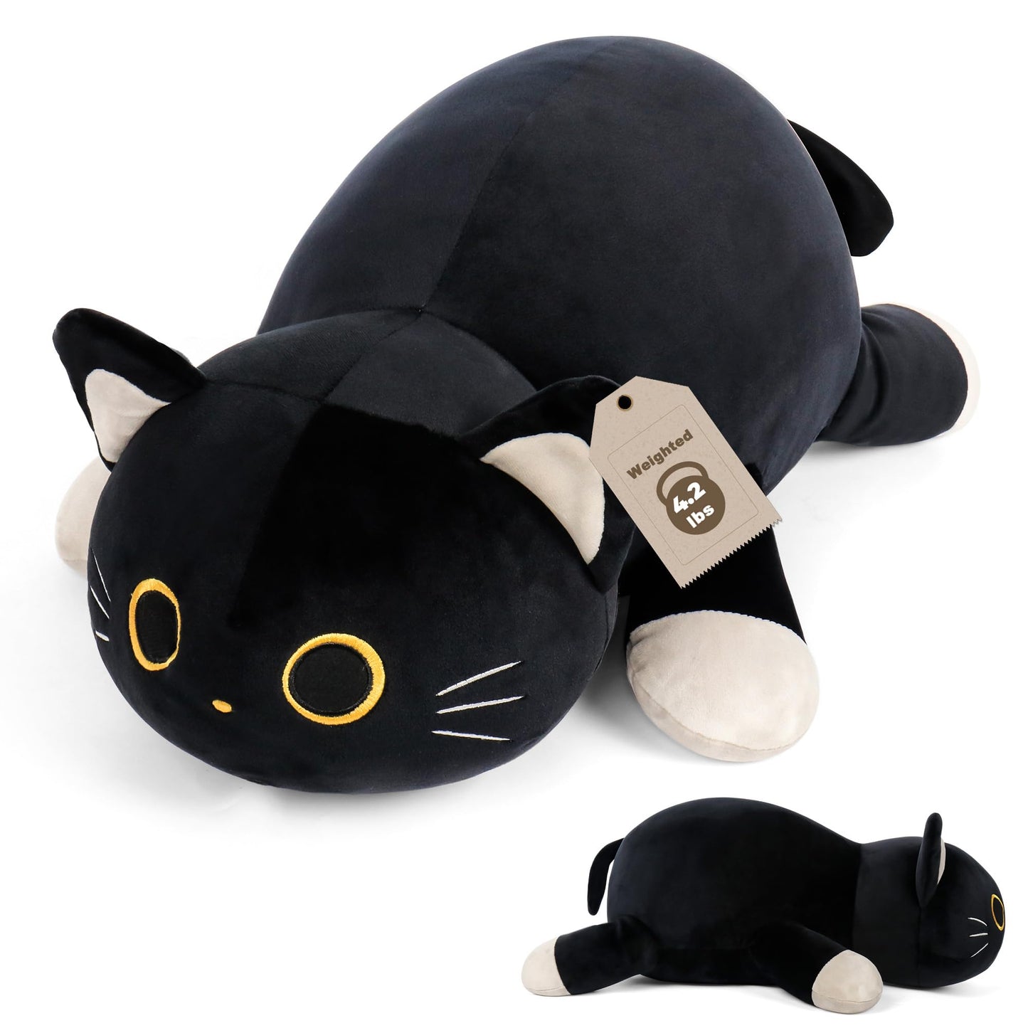 24" Black Cat Plush Weighted Stuffed Animals, 4.2lbs Weighted Black Cat Pillow Giant Cat Stuffed Animal Cuddle Plushies Gift for Kids Adults